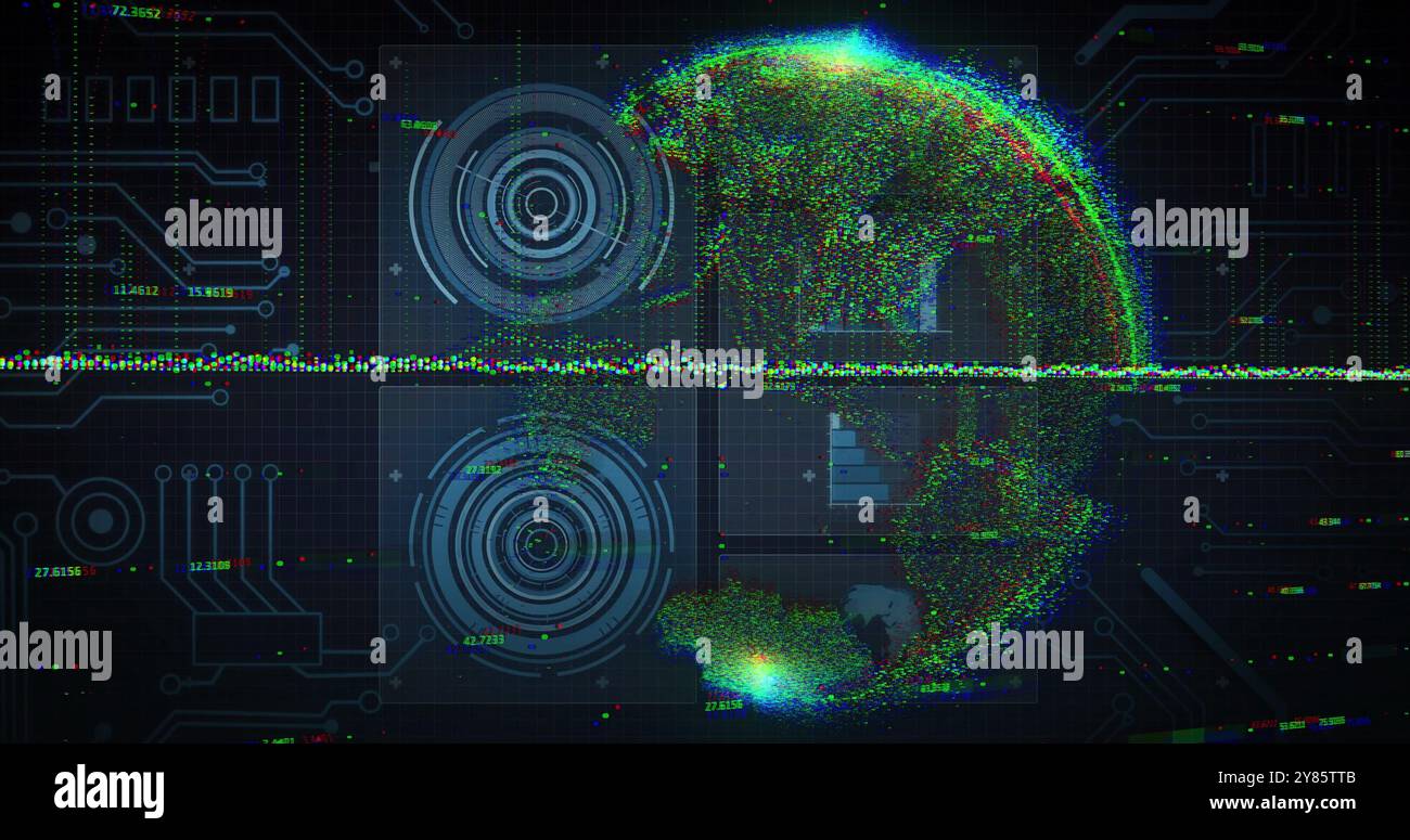 Image of scientific data processing and globe over dark background Stock Photo