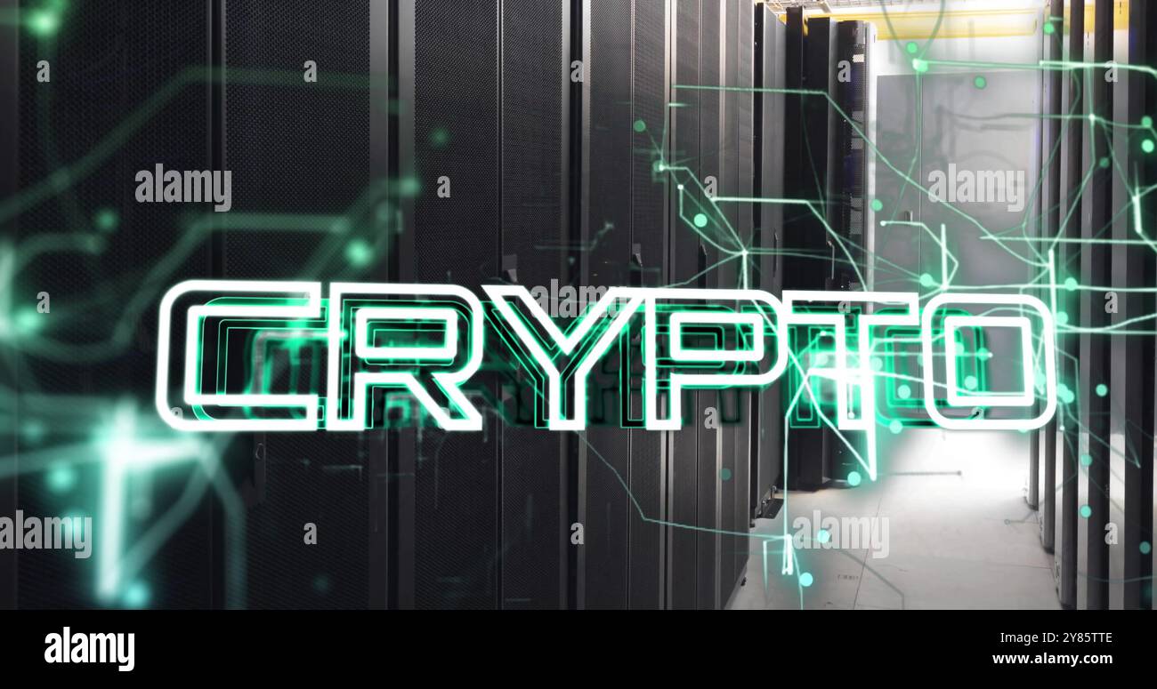 Image of crypto text over data processing and connections over computer servers Stock Photo