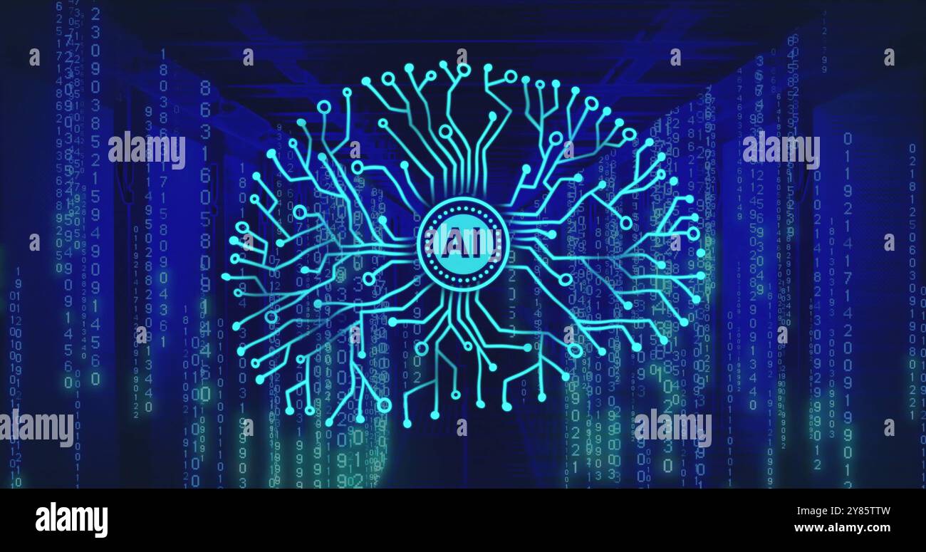 Image of circular ai scanner and motherboard brain network over blue computer servers Stock Photo