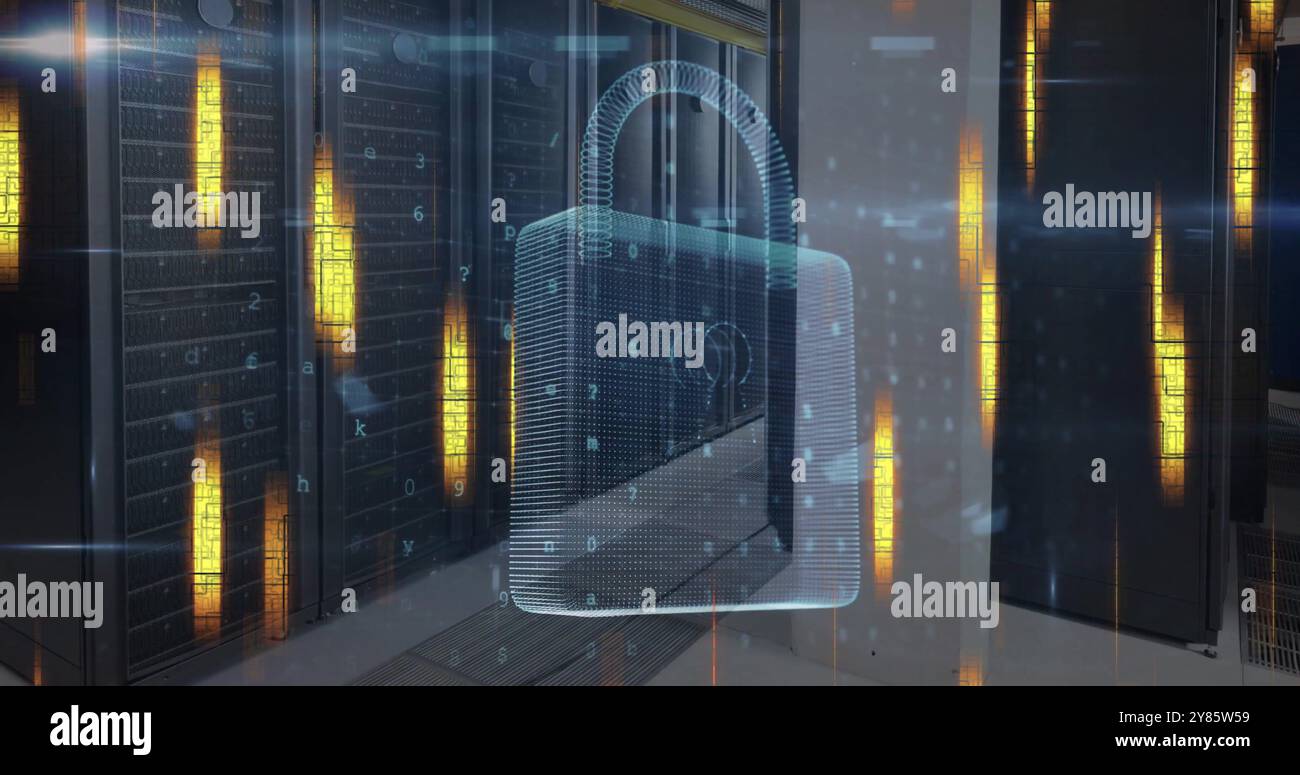 Image of data processing with padlock over server room Stock Photo - Alamy