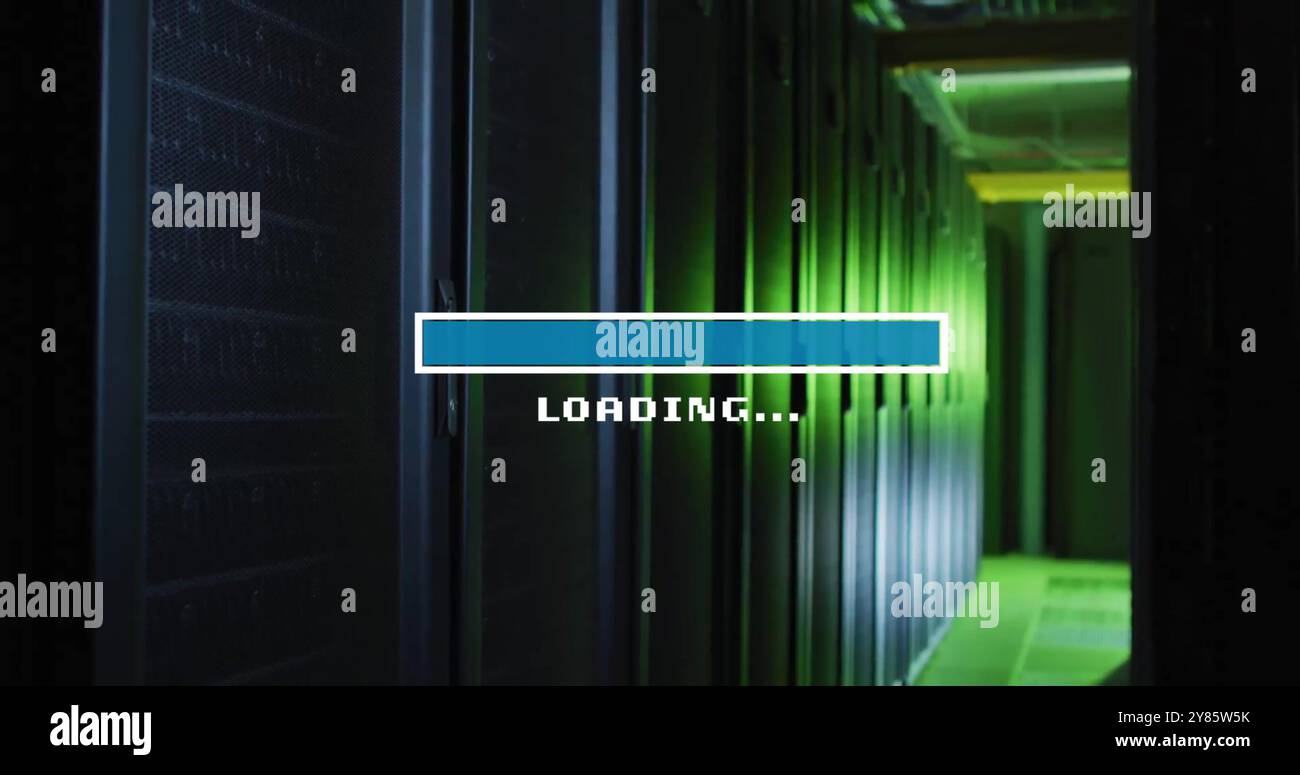 Image of loading text and time bar over dark server room Stock Photo