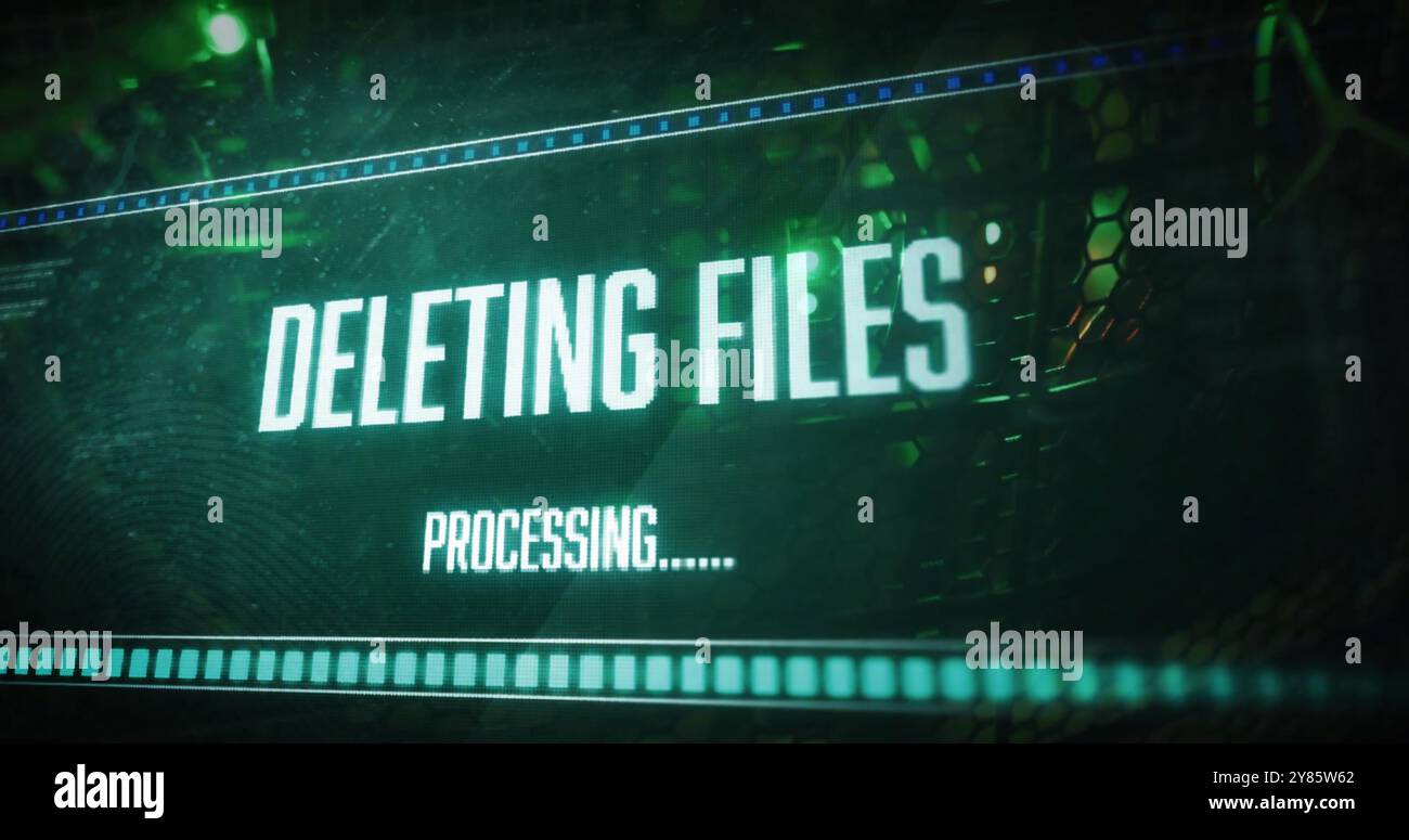 Image of deleting files, processing text on interface over computer server Stock Photo