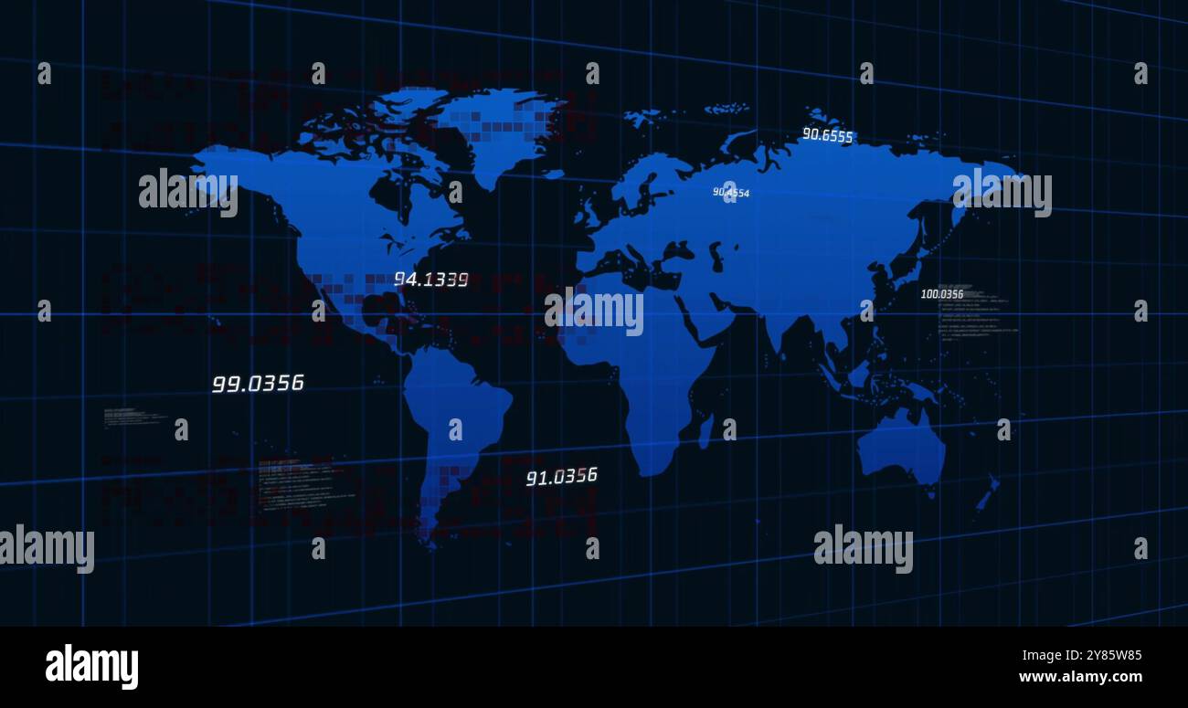Image of data processing and world map over black background Stock ...