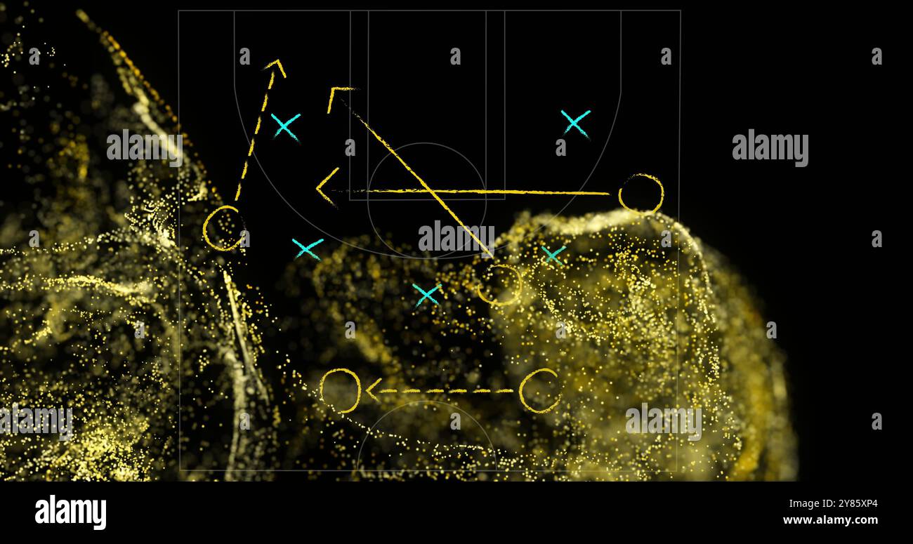 Basketball strategy image with player positions and movement paths over abstract background Stock Photo