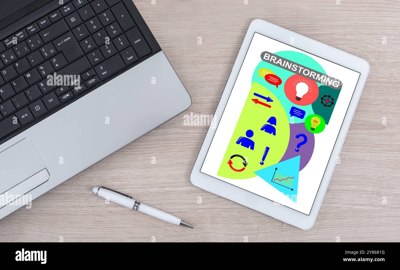 Brainstorming concept shown on a digital tablet Stock Photo