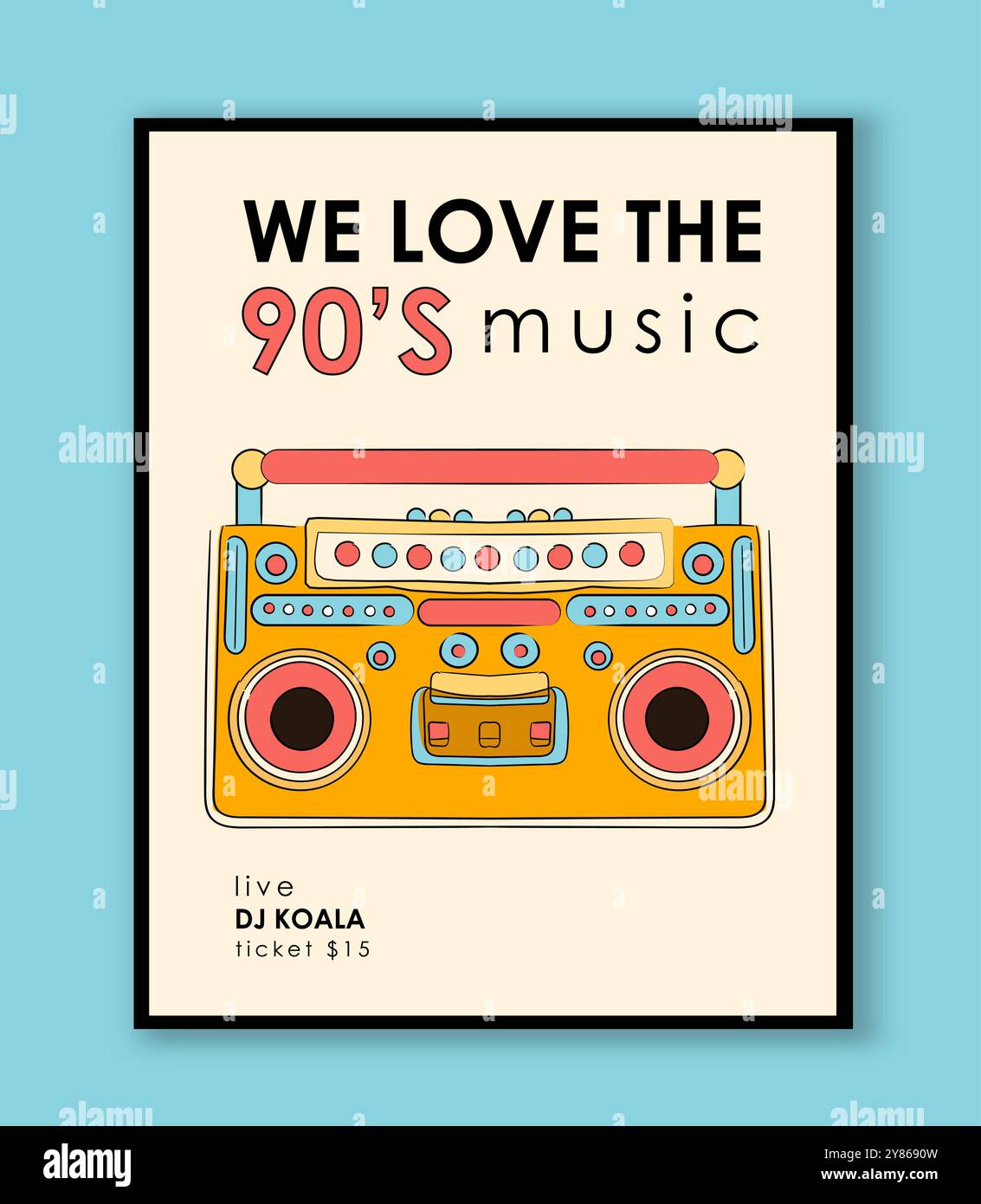 Music 90s poster. Colorful boombox. Equipment for music lovers with ...