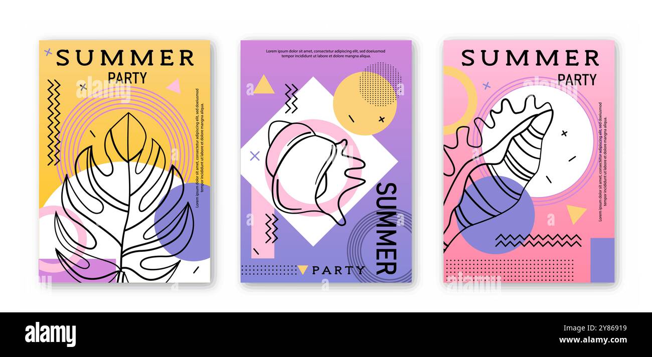 Summer party posters set. Tropical and exotic leaves. Minimalist creativity and art. Organic patterns and curved lines. Social media covers. Linear Stock Vector