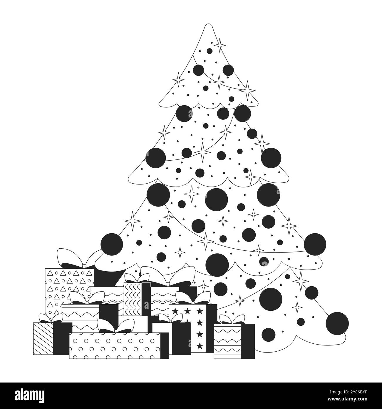 Sparkling Christmas tree with giftboxes stack black and white 2D line object Stock Vector