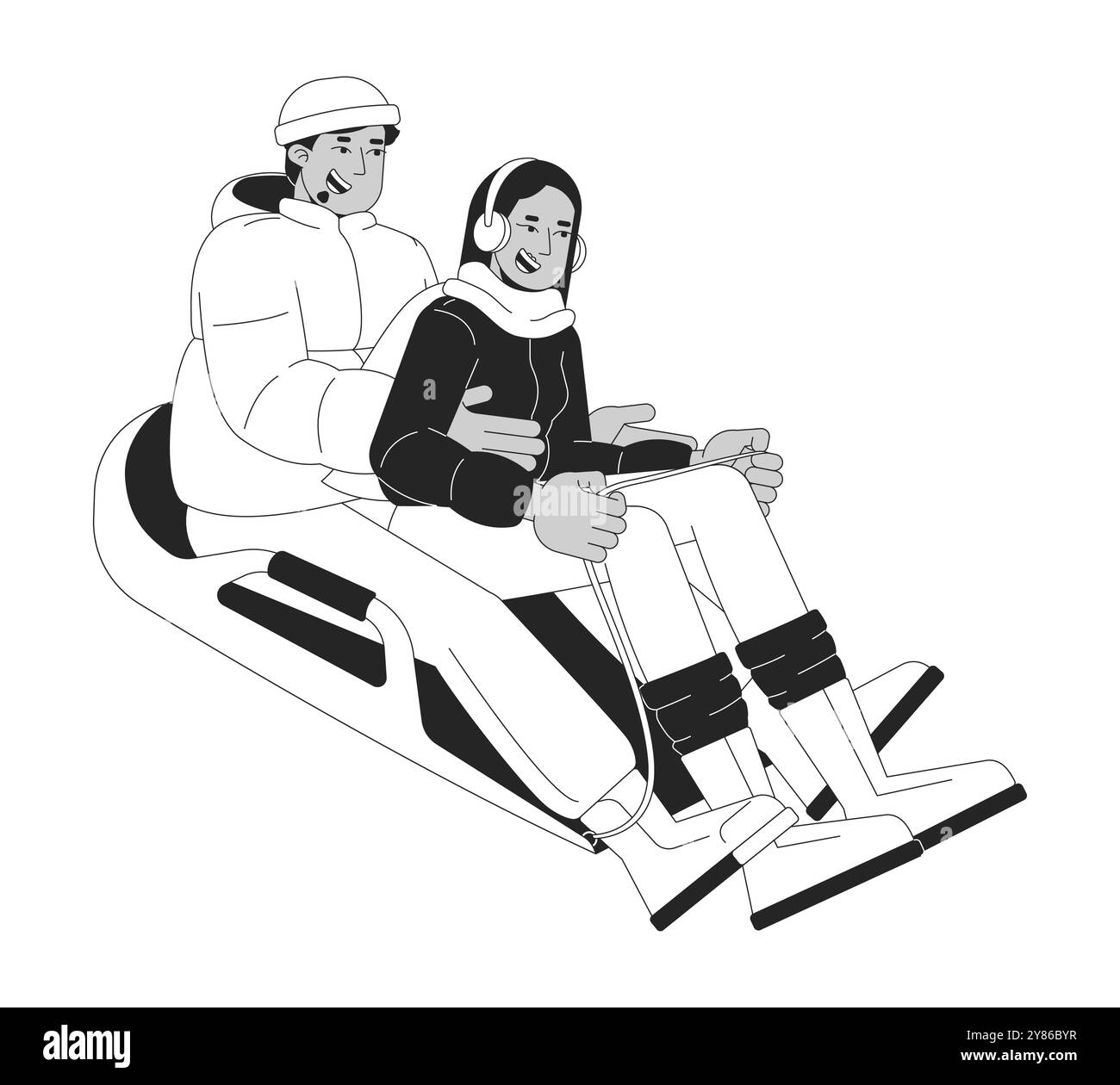 Sledding adults diverse black and white 2D line characters Stock Vector