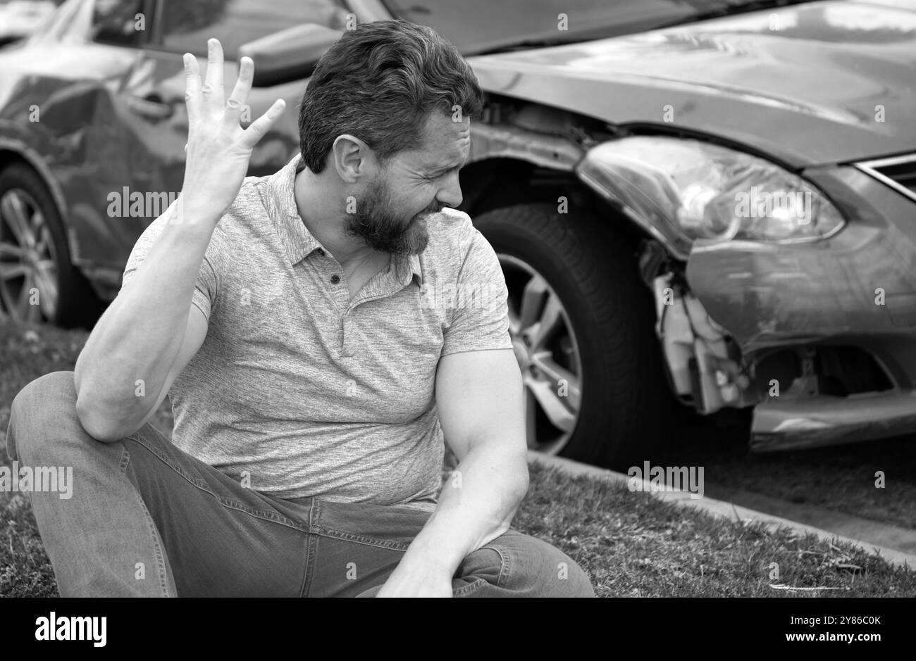 Car crash accident on street. Upset driver after traffic accident Stock ...
