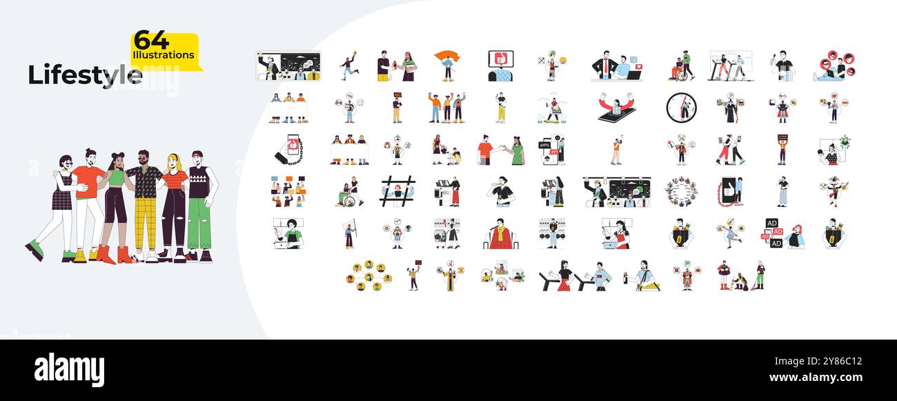 Lifestyle human relationships cartoon flat illustrations mega bundle Stock Vector