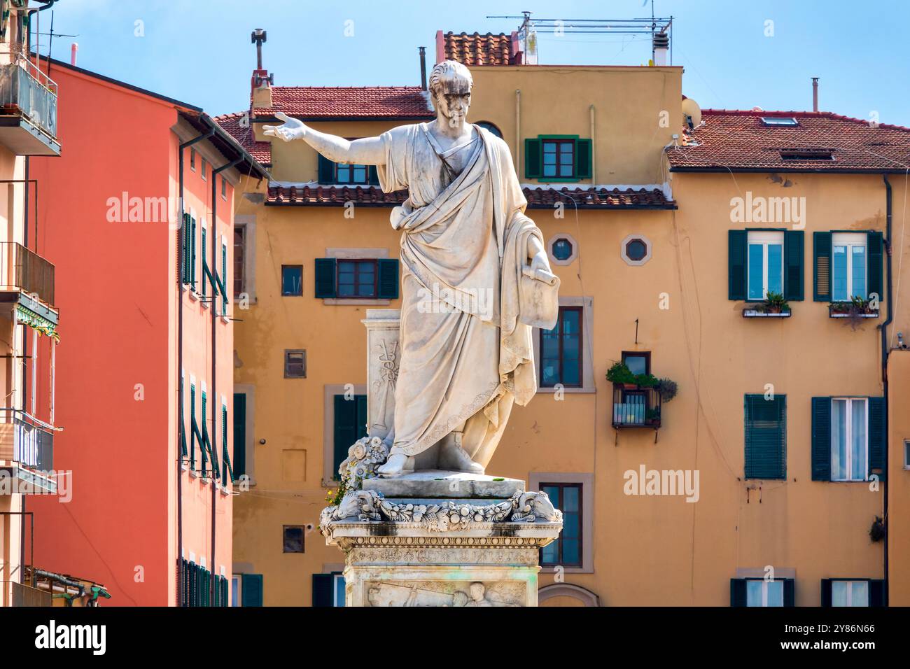 Statue of Ferdinando III, Grand Duke of Tuscany, by Francesco Pozzi (1847) in Piazza della Repubblica, Livorno, Italy​ Stock Photo