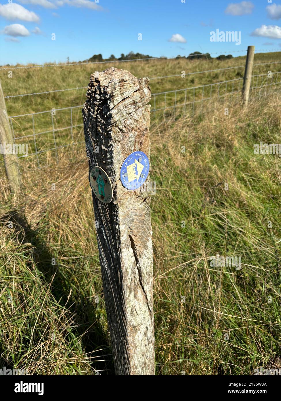 Footpath waymark sign Mid Wilts Way, Martinsell Hill, Wiltshire, England, UK - Smartphone Captured Stock Image