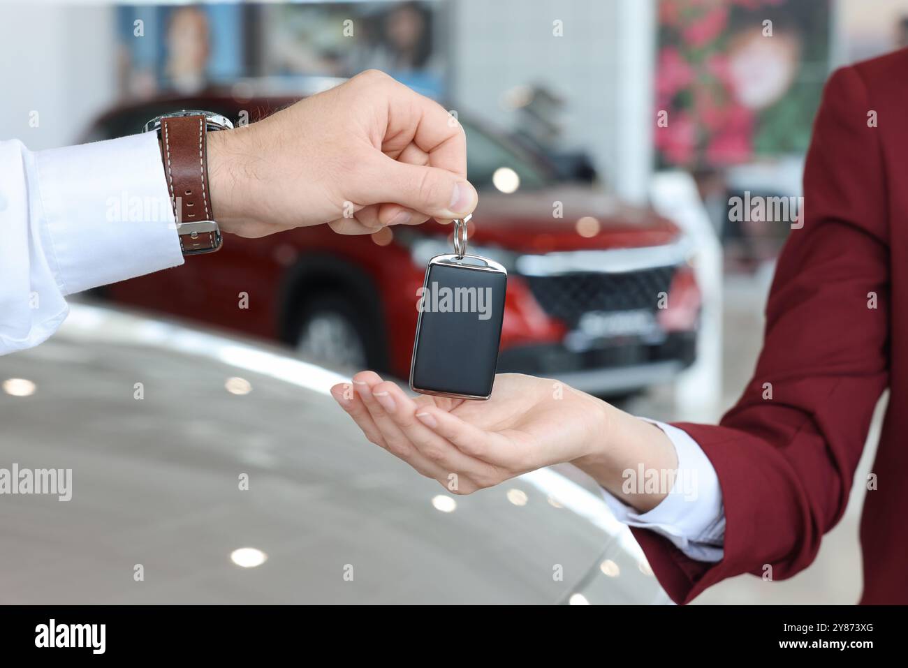 Salesman giving key to client near new car in salon, closeup Stock ...