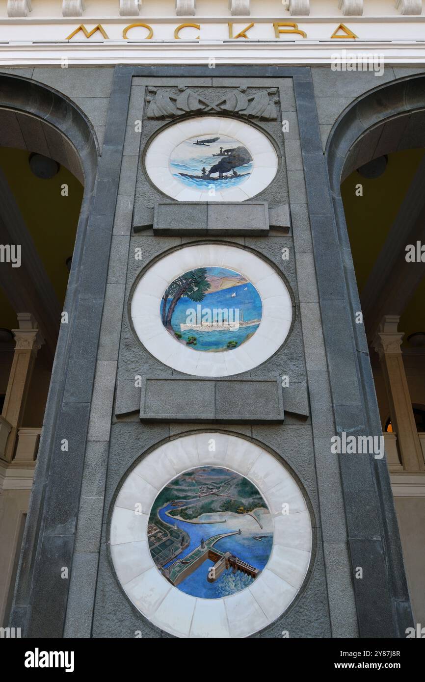 Moscow, Russia - Sept 7. 2024. Majolica medallions on the column of the ...