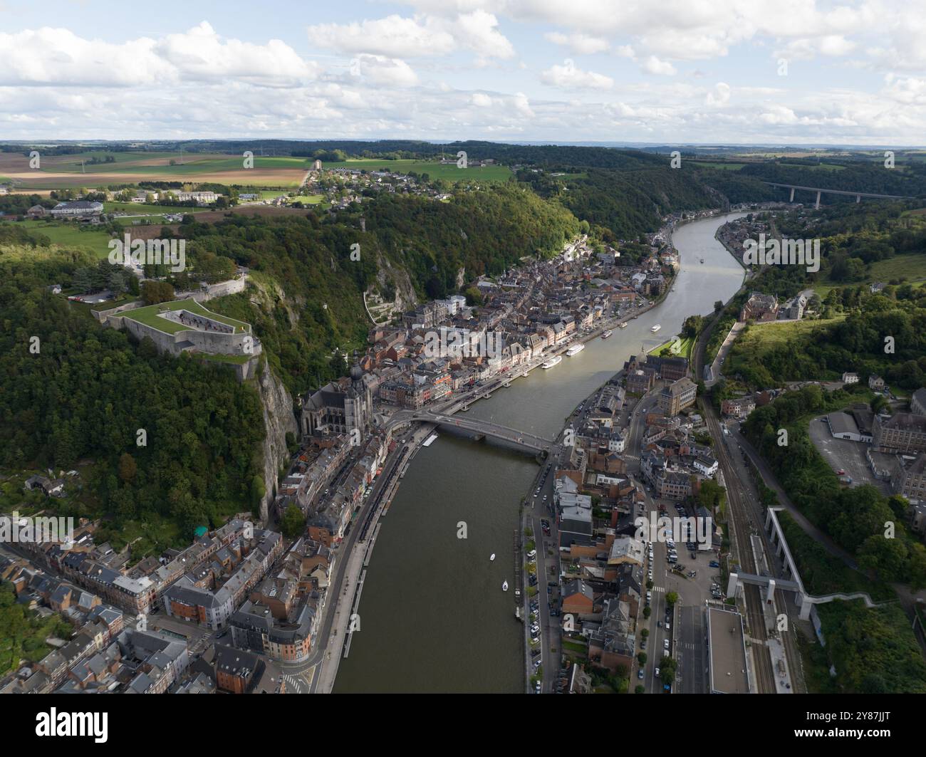 Dinant, Wallonia, Belgium, small city scape river Meuse, aerial drone view. Stock Photo