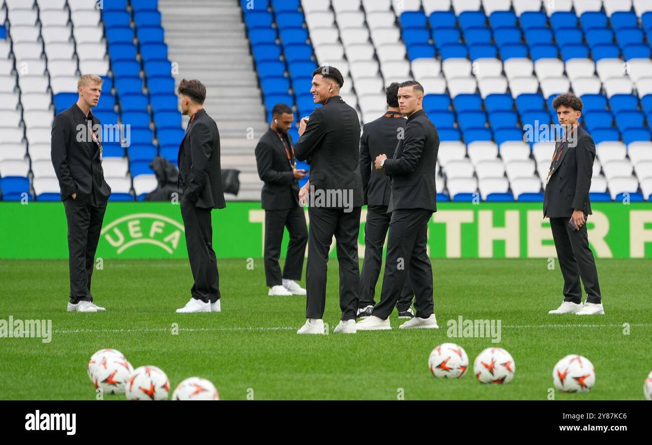 San Sebastian, Spain. 03rd Oct, 2024. Anderlecht's goalkeeper Mads Kikkenborg, Anderlecht's Luis Vazquez, Anderlecht's Jan-Carlo Simic and Anderlecht's Theo Leoni pictured before a soccer match between Belgian team RSC Anderlecht and Spanish team Real Sociedad, Thursday 03 October 2024 in San Sebastian, Spain, on the second day of the UEFA Europa League tournament. BELGA PHOTO JOMA GARCIA I GISBERT Credit: Belga News Agency/Alamy Live News Stock Photo