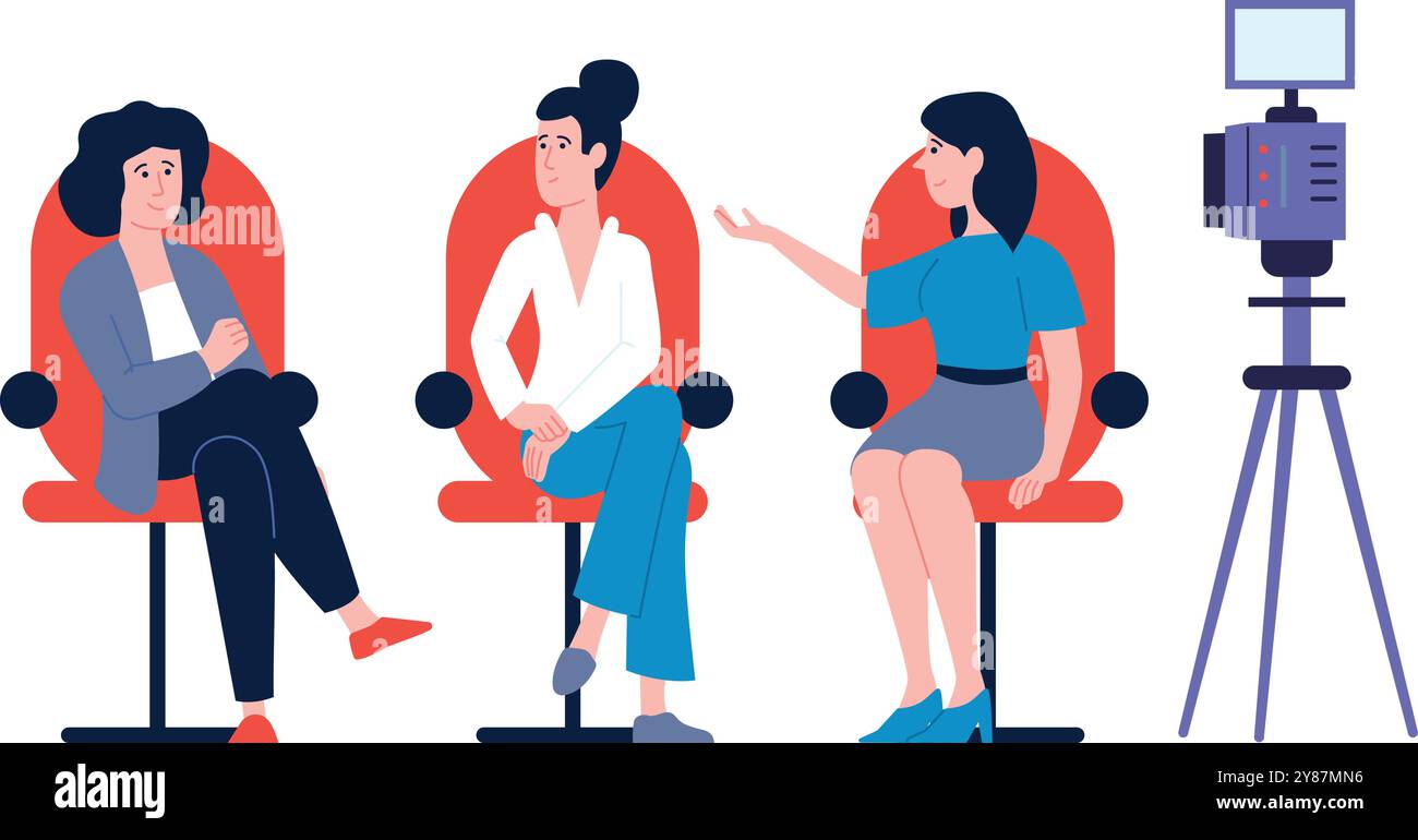 Tv show guests sit in red chairs. Television interview Stock Vector