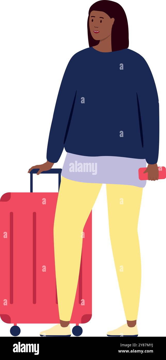 Young woman walk with luggage. Female traveler character Stock Vector ...