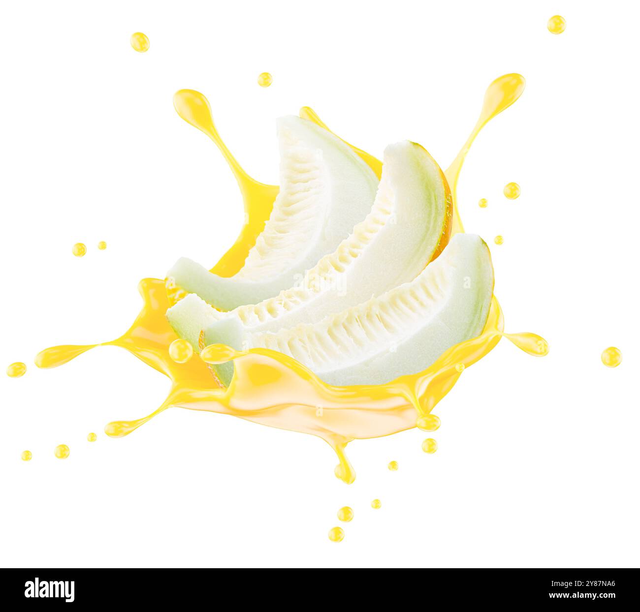 melon slices with juice splash isolated on a white background. Clipping path. Stock Photo