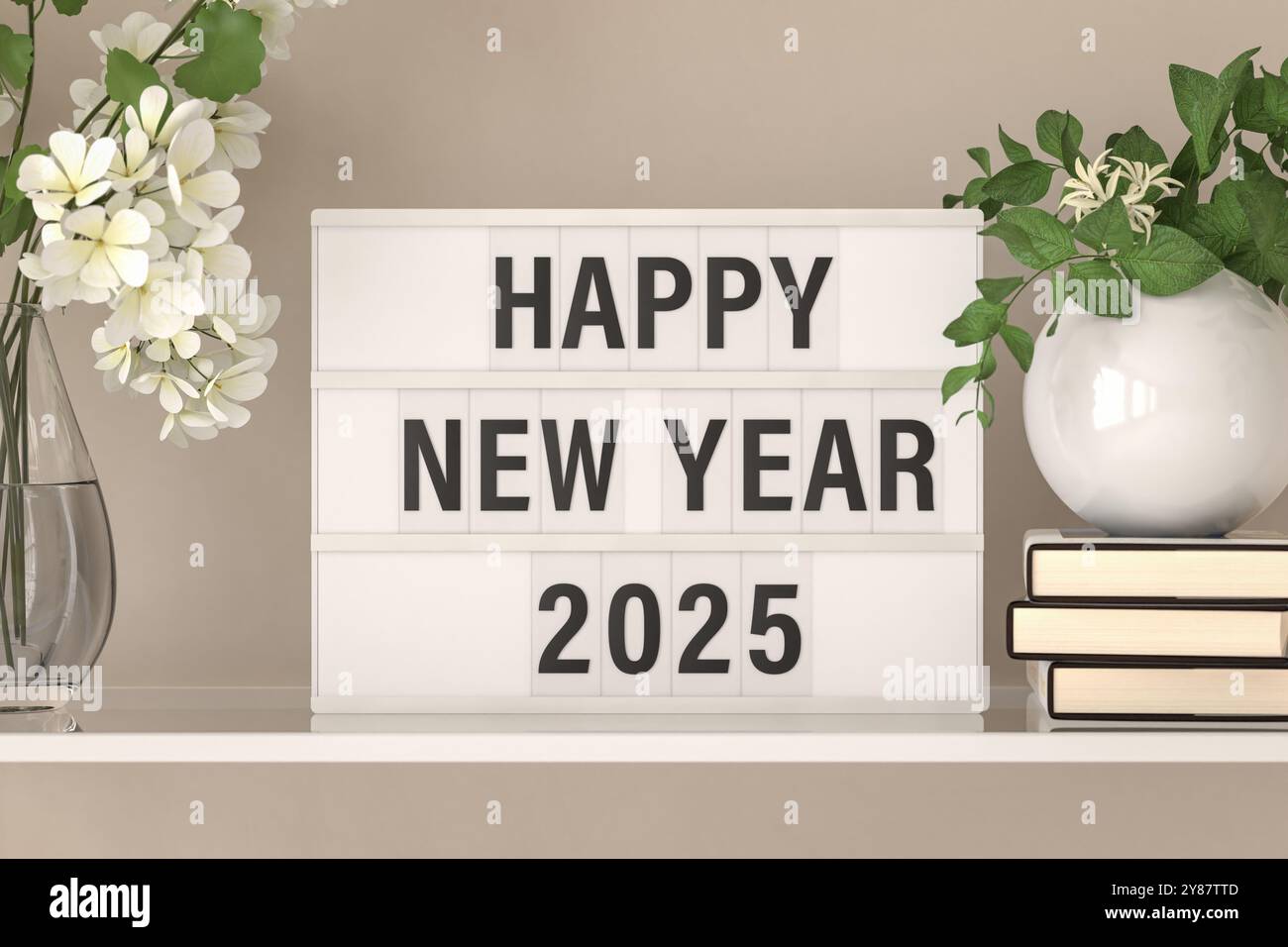 A lightbox displaying the words 'Happy New Year 2025' on a shelf with books and plants. Stock Photo