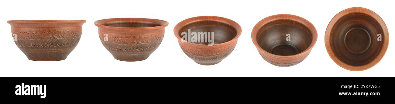 Collection deep bowls different angles isolated on white background Stock Photo