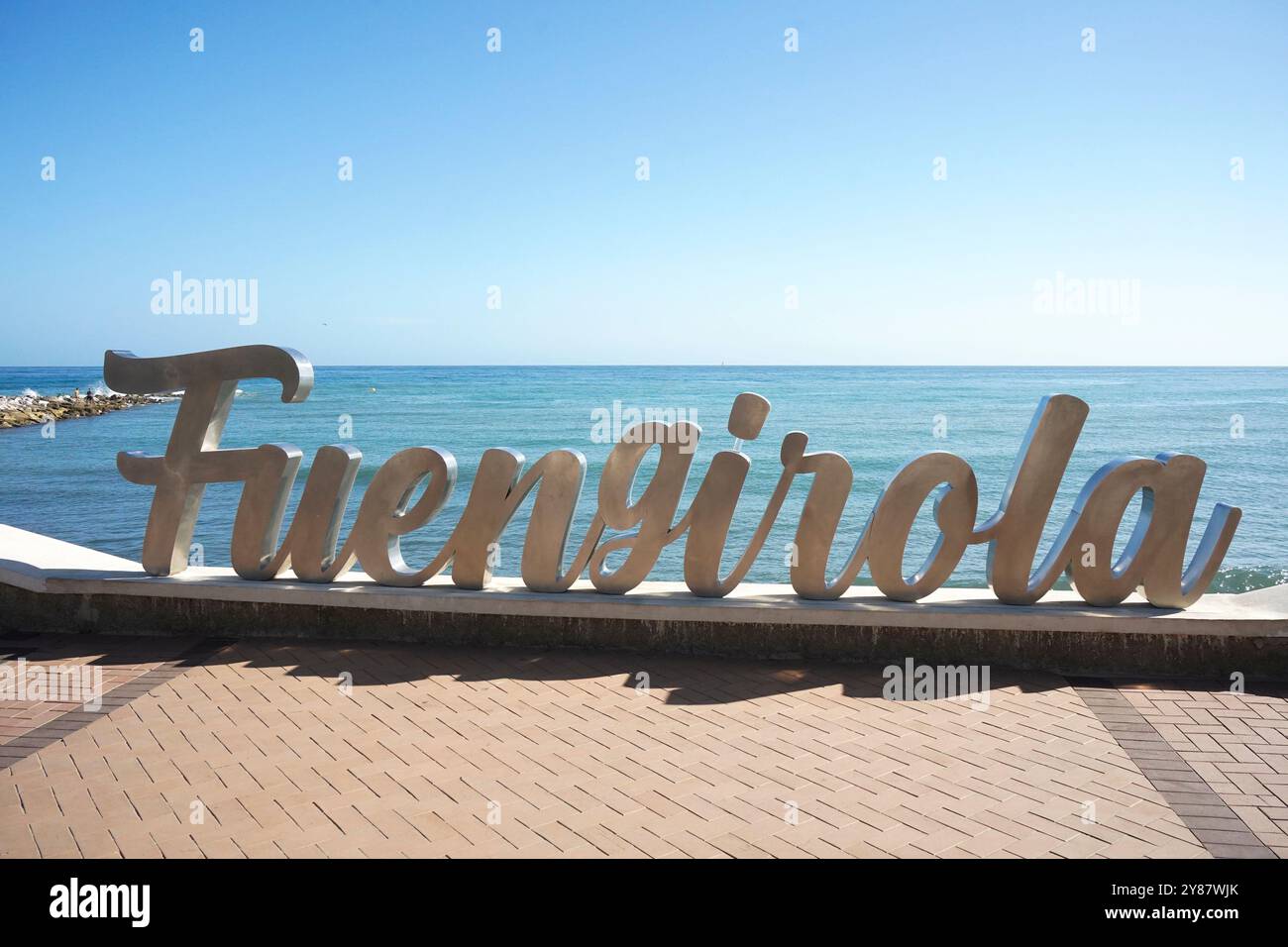 Fuengirola sign at sea promenade, mediterranean sea behind, Andalusia, Spain. Stock Photo