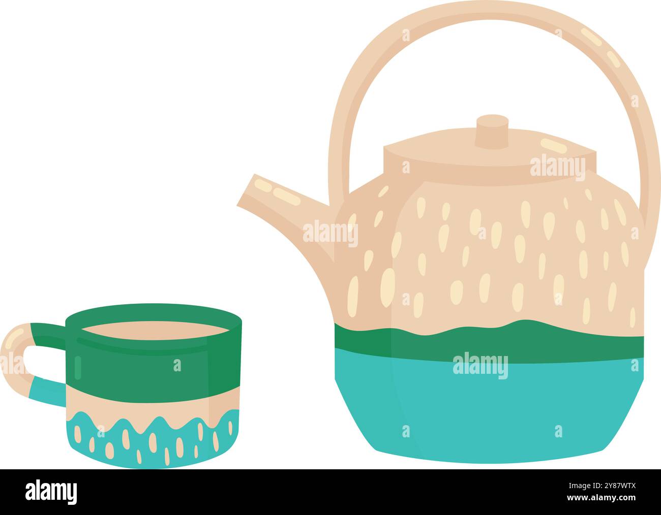 Cozy teapot and cup icon. Cute ceramic tea mug Stock Vector