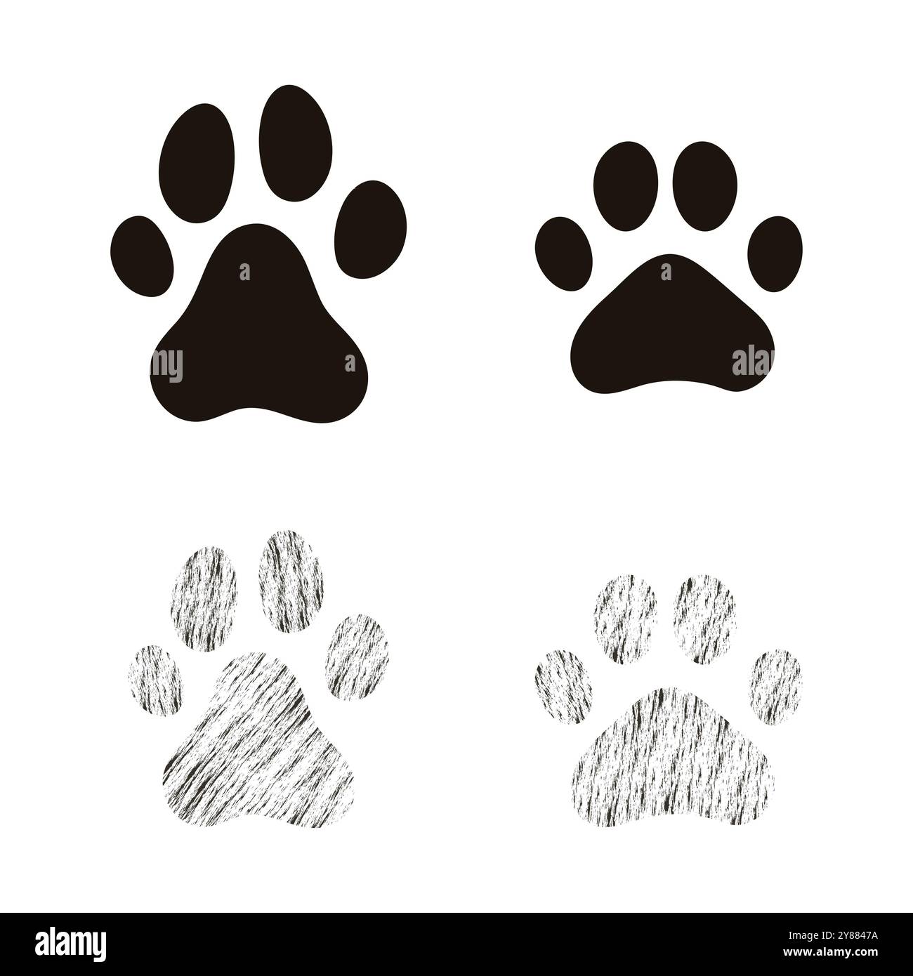 Cat and Dog paw prints. Set of Cat and Dog paw prints (silhouette and pencil shading) Stock Vector