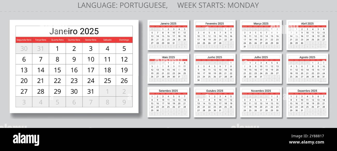 Set of PORTUGUESE monthly calendar for 2025 year. Vector collection set with paper page