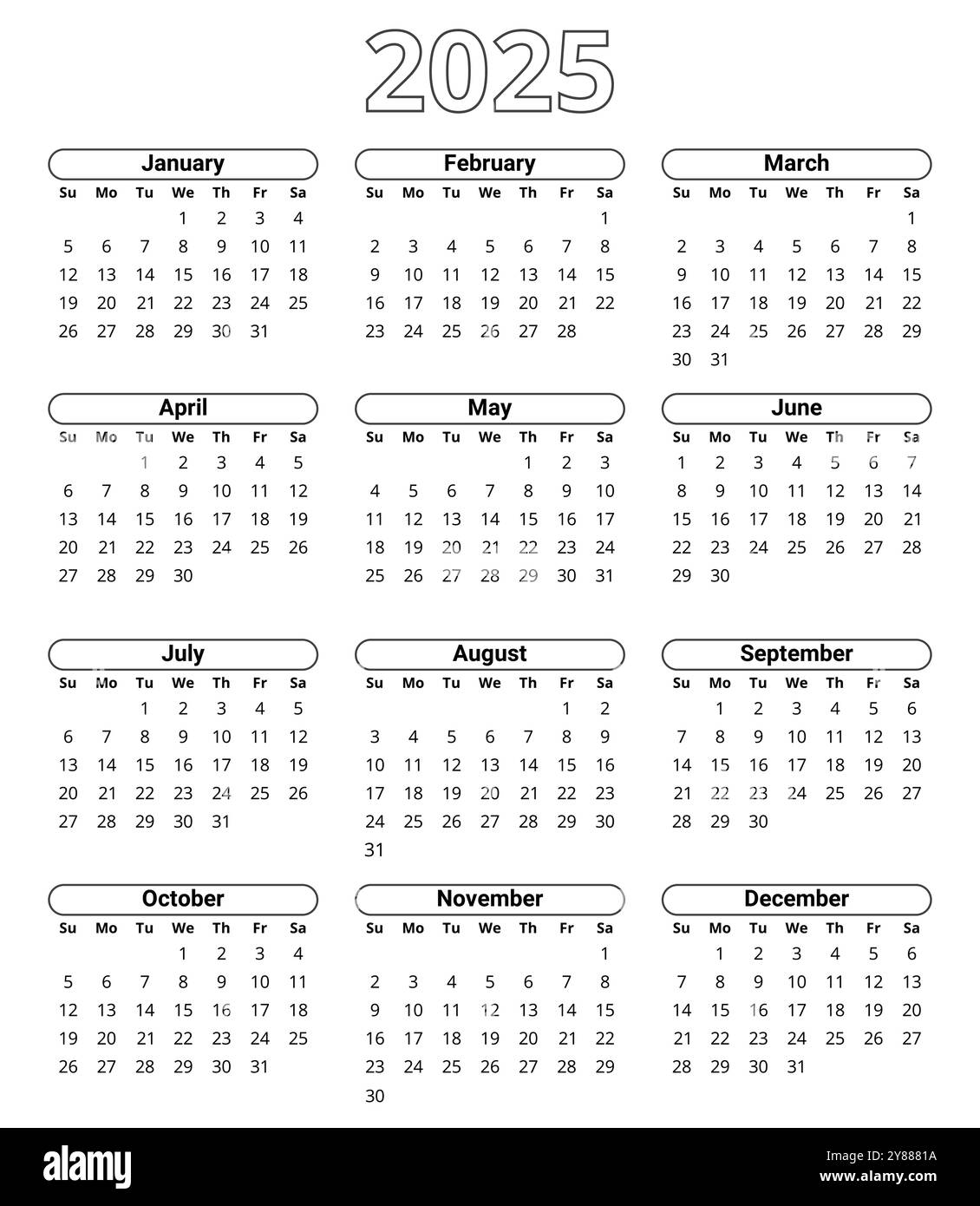 2025 year english vector simple calendar with 12 months Stock Vector ...