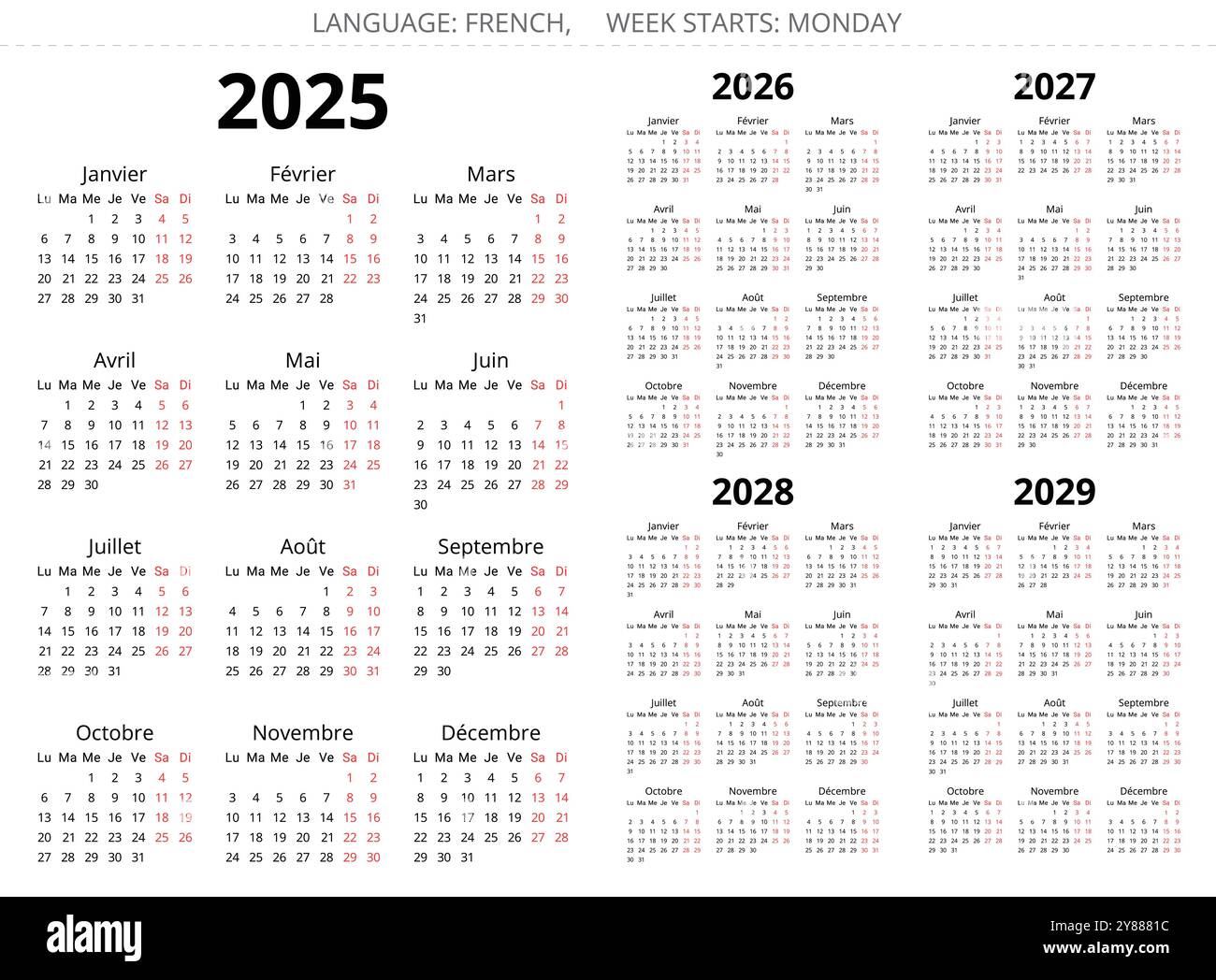 2025, 2026, 2027, 2028, 2029 year french calendars. Printable vector
