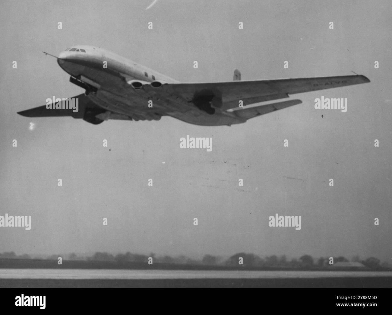 Comet Shows Its Paces For Supply Ministry -- The 'Comet' taking the Air Marshal for a flight here.Hatfield, Eng' Bound for a flight in the record breaking 'Comet' jet airliner, Air Marshall Sir Alec Coryton, controller of supplies de Havilland the Ministry of Supply, visit ***** factory at this Hertfordshire de Havilland The first two 'Comets' - bought by the Ministry assembly line ***** fourteen are for the of supply, and ***** who hope to have them.British of the four-jet engined plane that ***** London to North Africa and back in ***** flying time during fuel consumption ***** November 04, Stock Photo