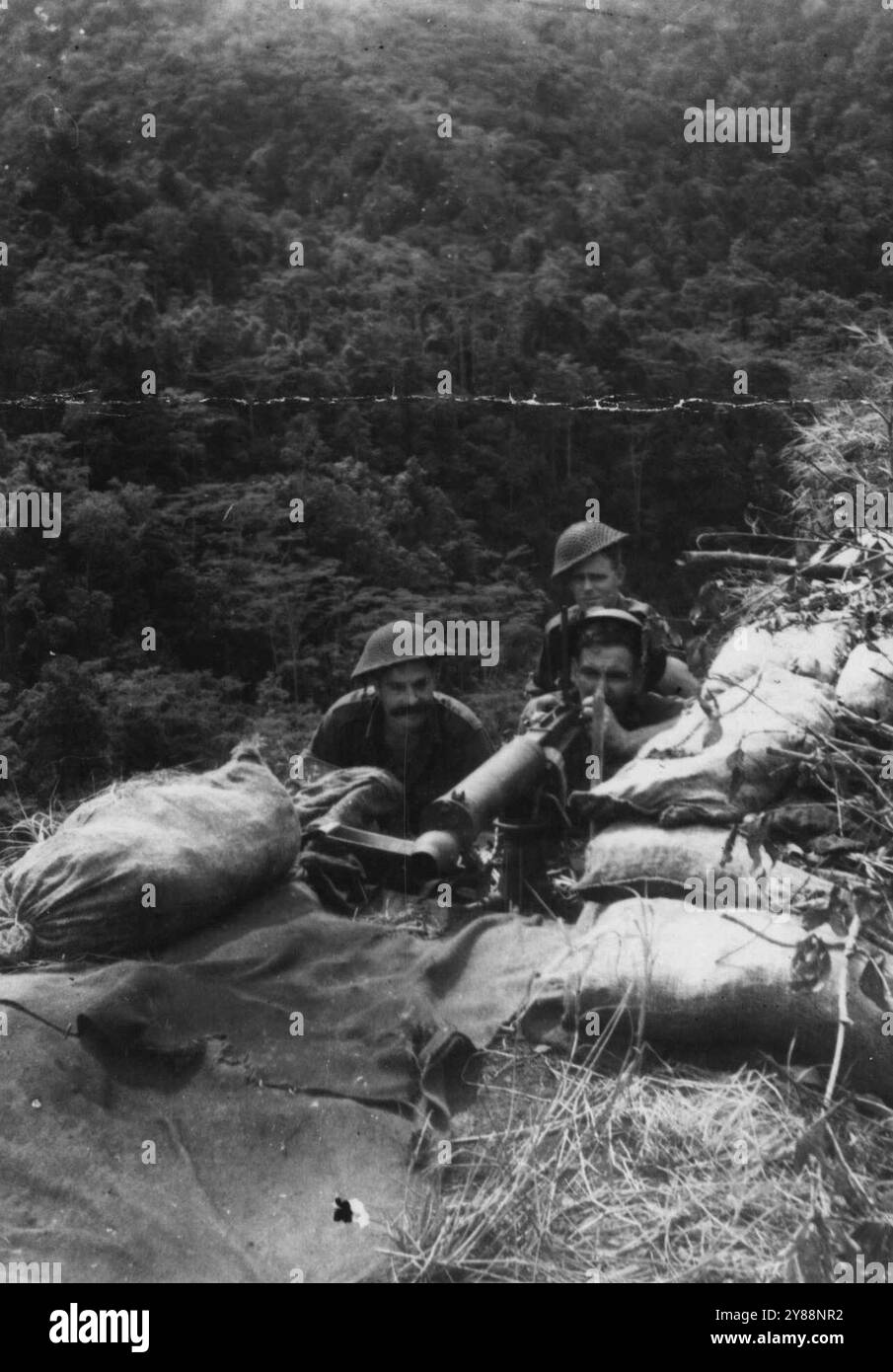 A Vicars Gun fires in support of Australian Troops advancing on Shaggy Ridge Pimple. January 11, 1944. (Photo by Australian Information Picture). Stock Photo