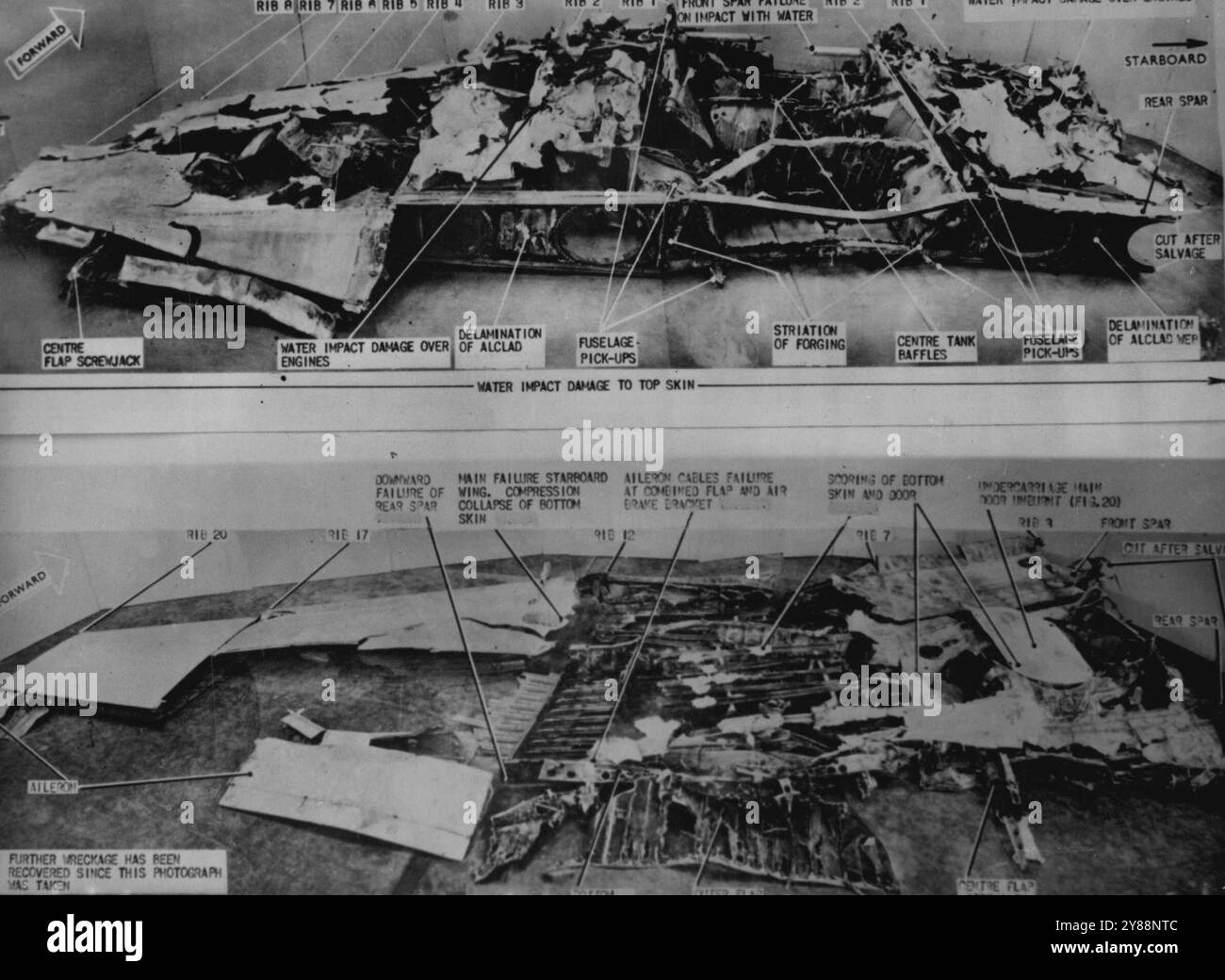 Wrecked Elba Comet Reconstructed -- These pictures of the reconstructed wings of the wrecked Elba Comet - G-ALYP - were issued in London today, November 3. They have been shown to the committee investigating the cause of recent comet crashes.Upper picture: Reconstruction of centre section wing - upper surface.Lower Picture: Reconstruction of starboard wing - lower surface. November 15, 1954. (Photo by Associated Press Photo). Stock Photo
