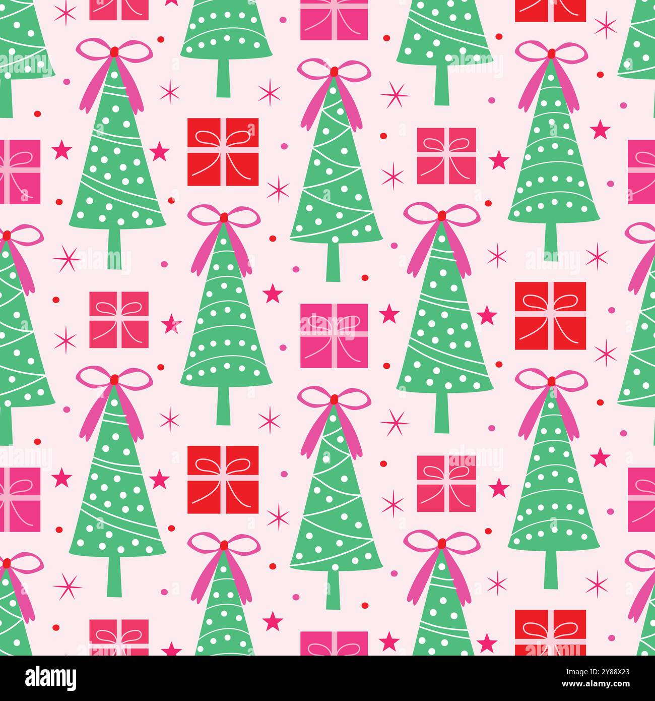 Green Christmas Trees with Preppy Pink bows , Gifts and snowflakes seamless pattern. For wrapping paper, Christmas décor and fabric Stock Vector