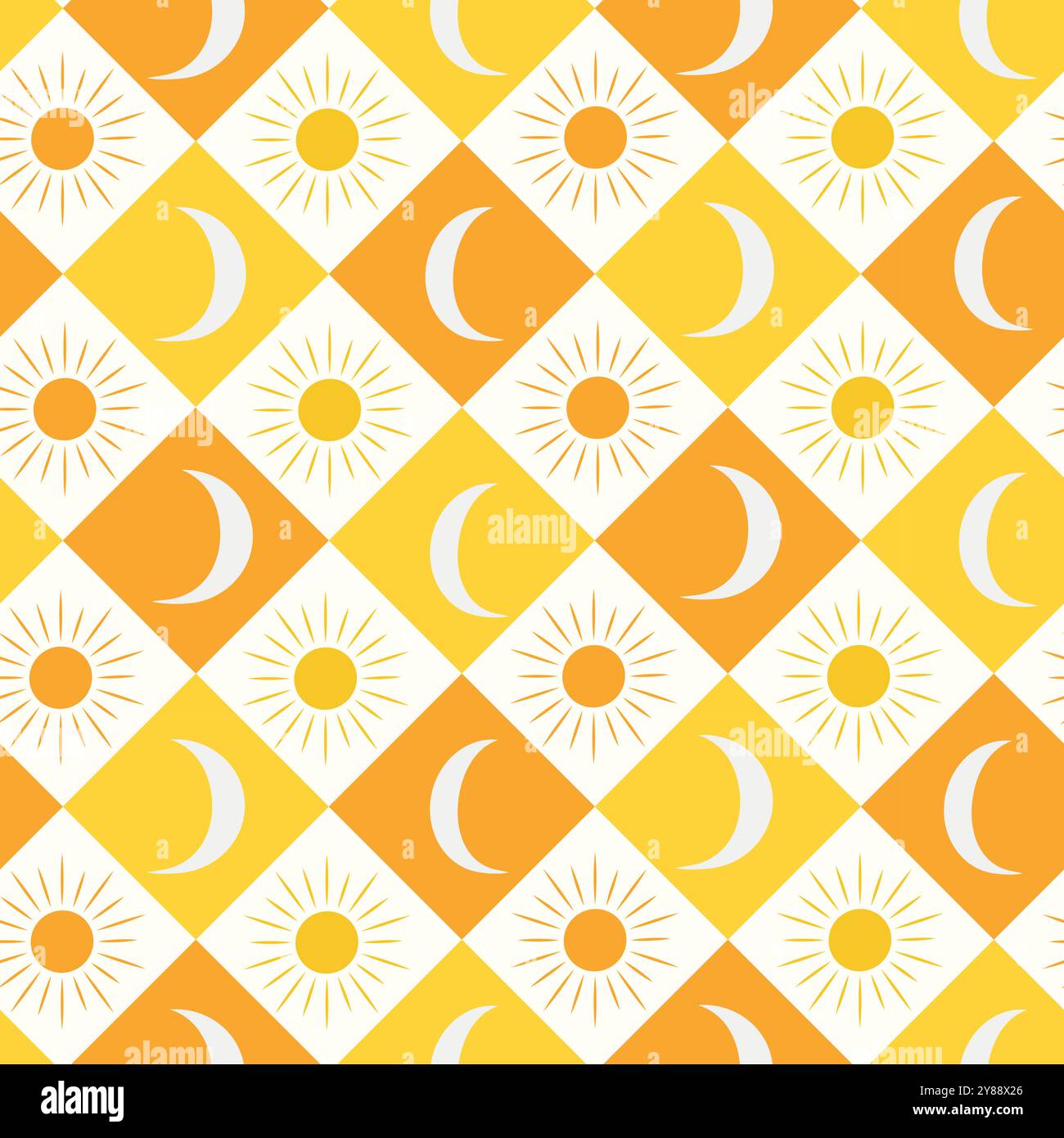 Cute moon and sun on diamond shapes seamless pattern in orange, amber and white. For wallpaper, textile and fabric Stock Vector