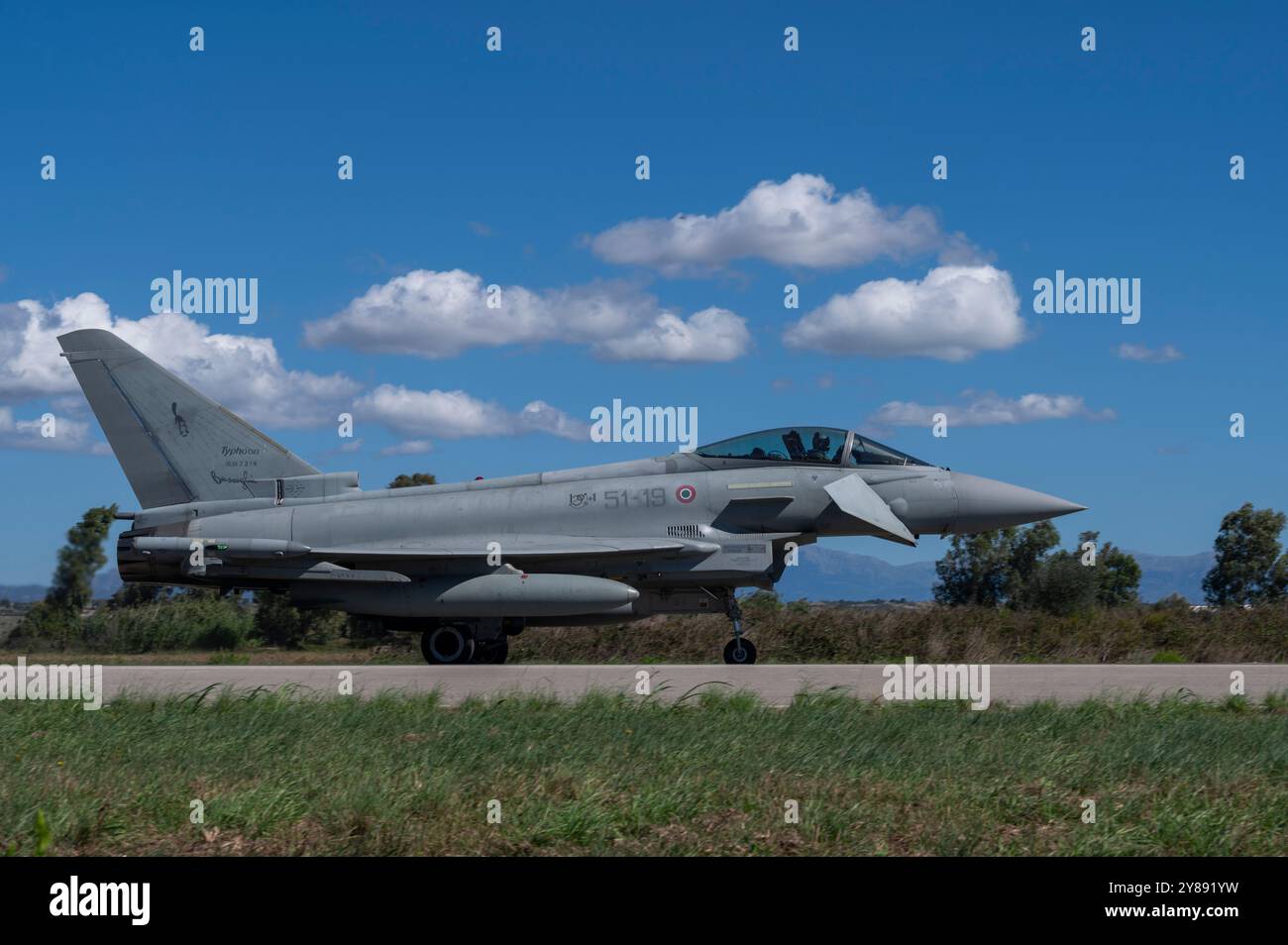 An Italian Air Force Eurofighter Typhoon taxis prior to take off during exercise Ramstein Flag 24 at Andravida Air Base, Greece, Sept. 30, 2024. RAFL2 Stock Photo