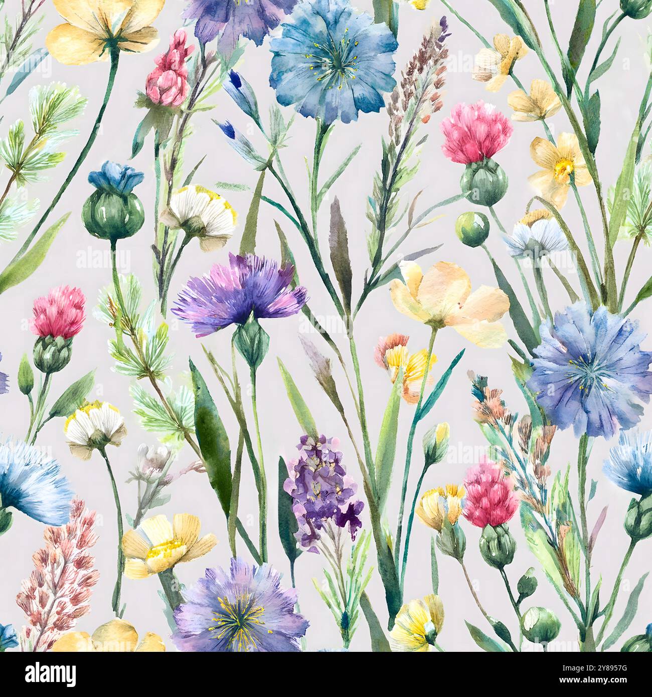 A seamless floral botanical pattern of wildflowers including flax ...