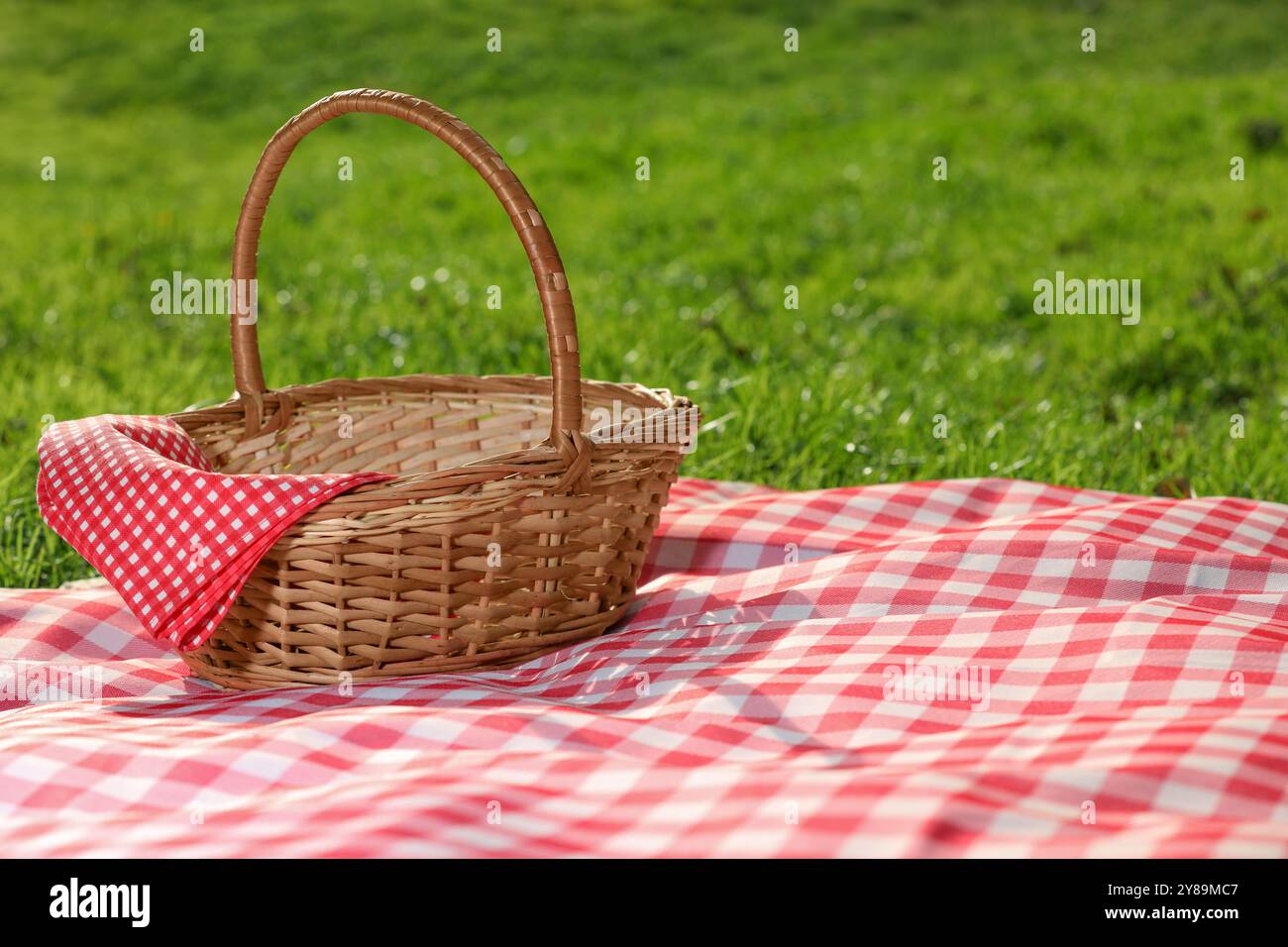One picnic wicker basket with checkered napkin and blanket on green ...