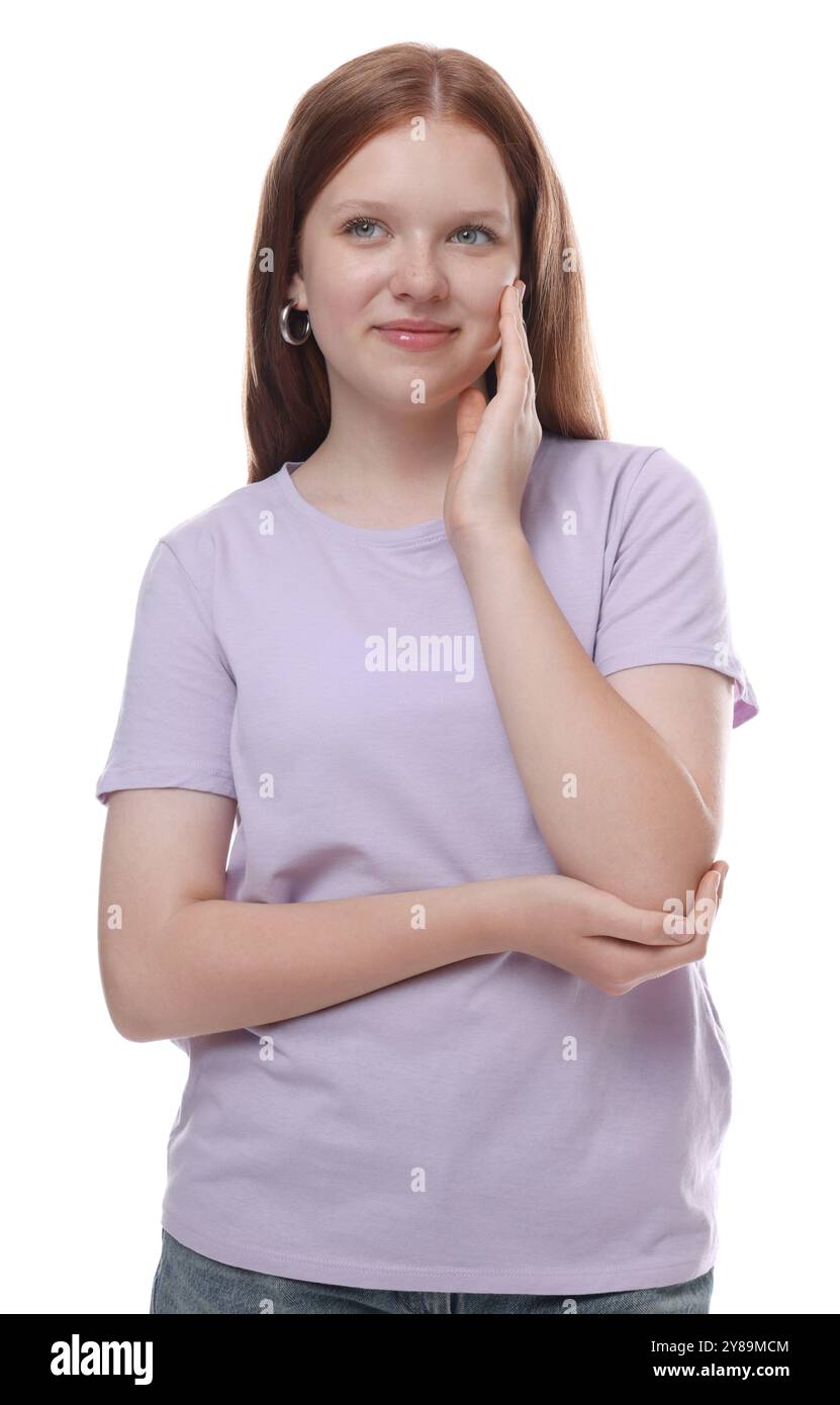 Portrait of teenage girl on white background Stock Photo - Alamy