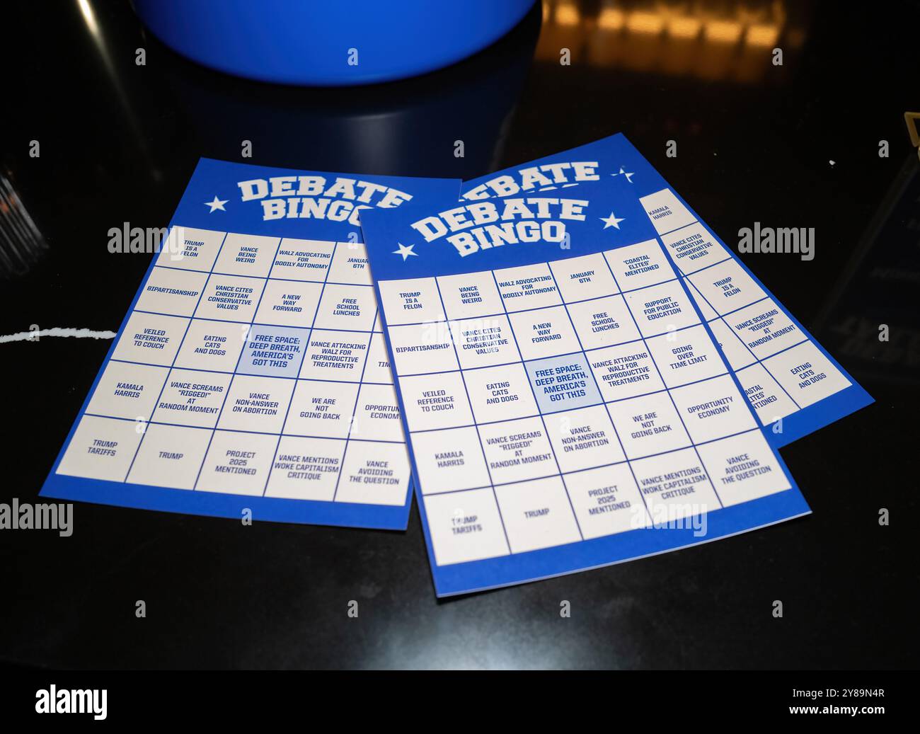 NEW YORK, N.Y. – October 1, 2024: Debate bingo cards are seen at a watch party for content creators supporting the Harris-Walz campaign. Stock Photo