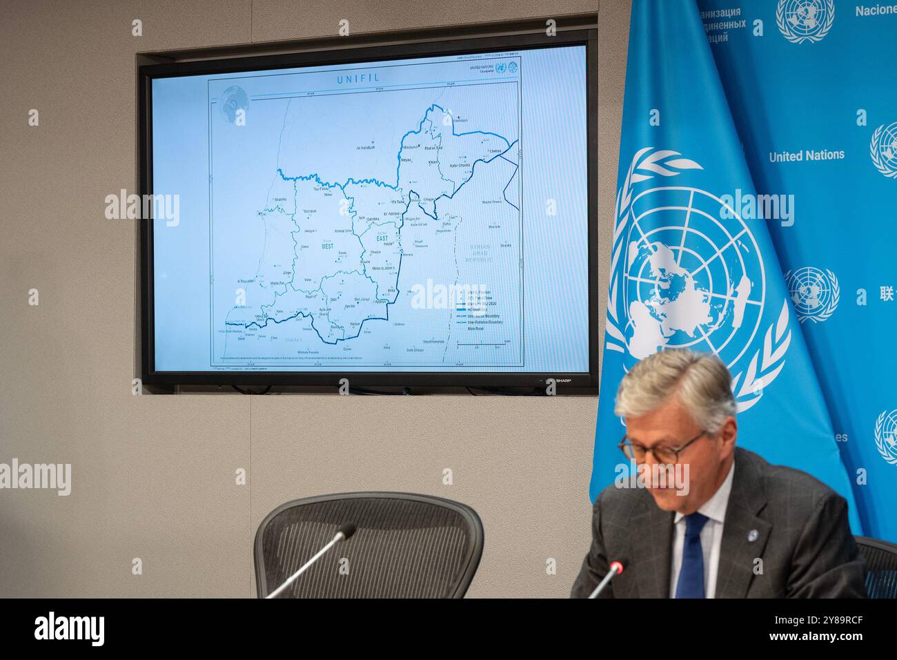 New York, USA. 03rd Oct, 2024. Map of Southern Lebanon with Blue line on display during Under-Secretary-General for UNIFIL Jean-Pierre Lacroix speaking at press briefing by spokesperson for UN Headquarters in New York on October 3, 2024. (Photo by Lev Radin/Sipa USA) Credit: Sipa USA/Alamy Live News Stock Photo