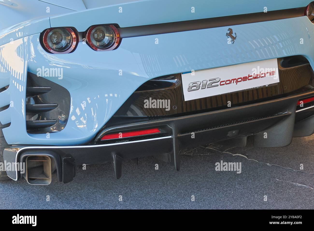 Close up of the impressive back of a blue ferrari 812 competizione, highlighting its sporty features Stock Photo