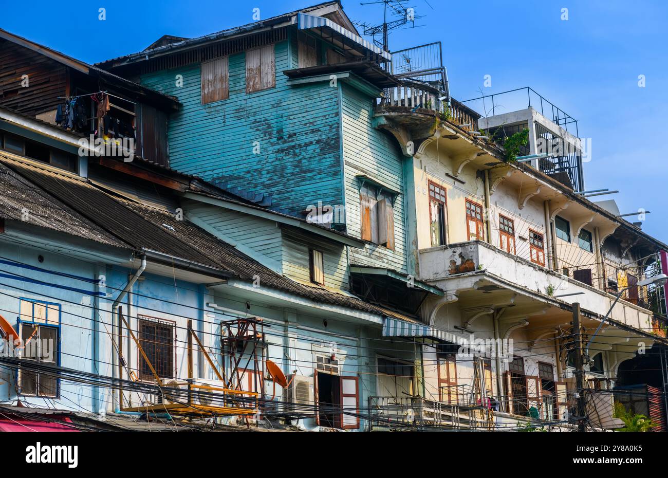 Old building, over 100 years old, located in the old part of Bangkok, can be seen everywhere from public roads, Thailand. Stock Photo