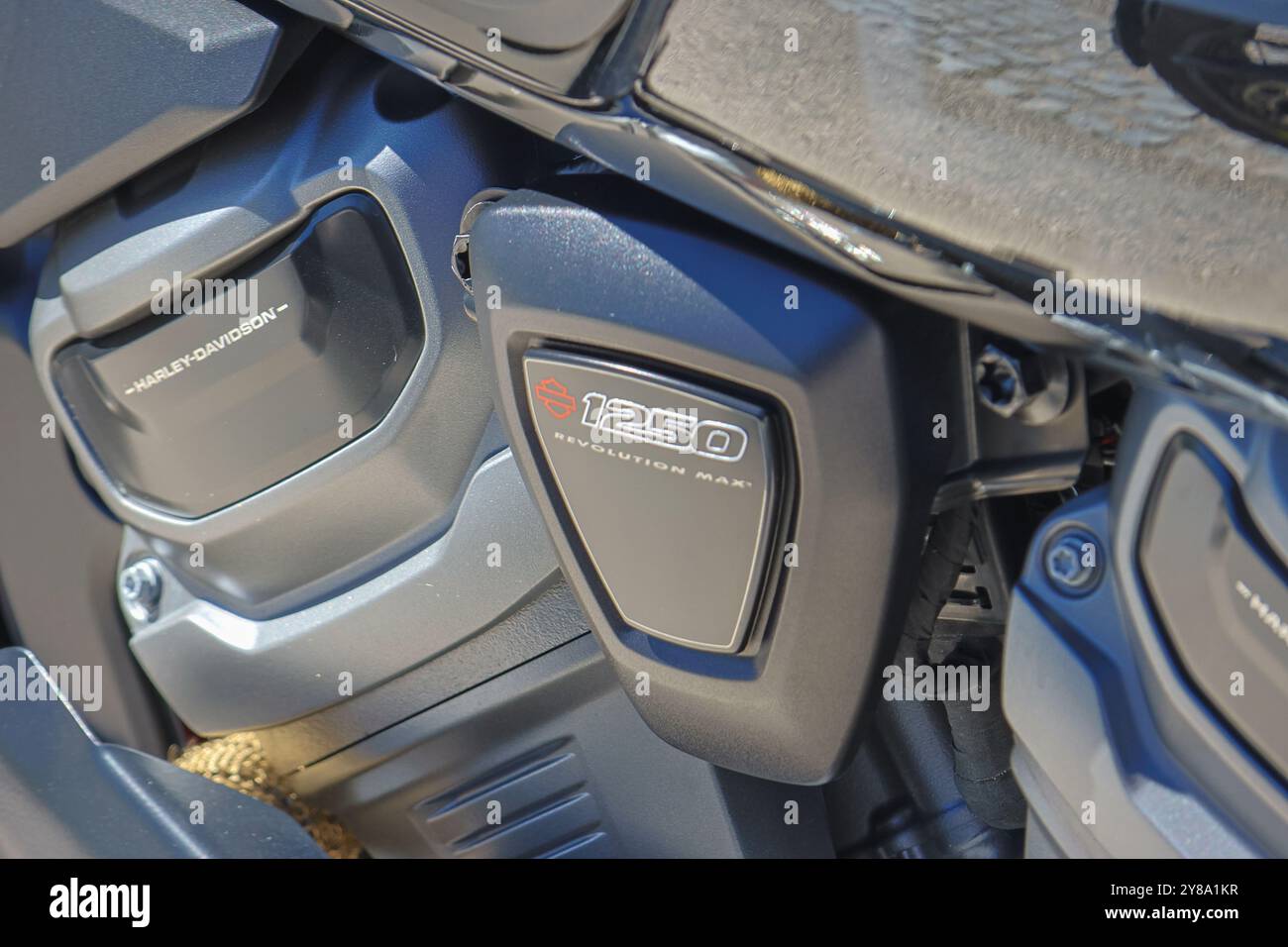 Showing the iconic harley davidson logo on a 1250 revolution max engine Stock Photo