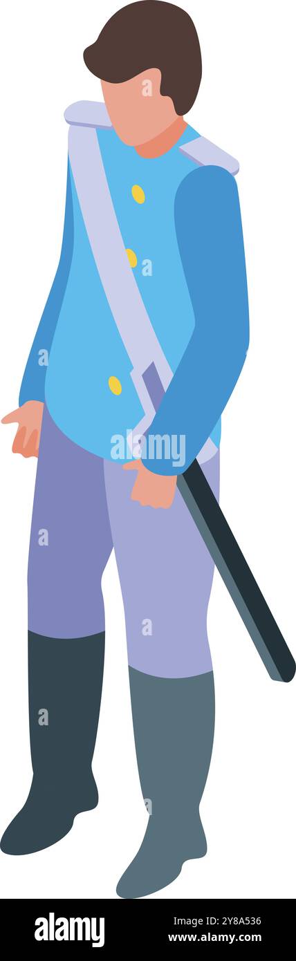 Medieval soldier is standing guard, holding a sword at his side Stock Vector