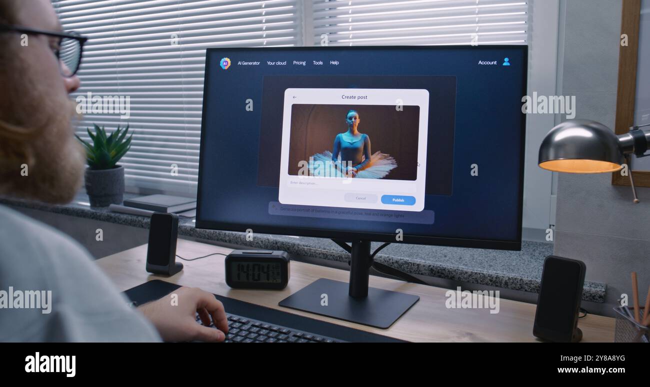 Adult man enters prompt in artificial intelligence chatbot on personal computer. AI image generator app generate detailed high-quality image portrait of ballerina. From text prompt to generated photo. Stock Photo