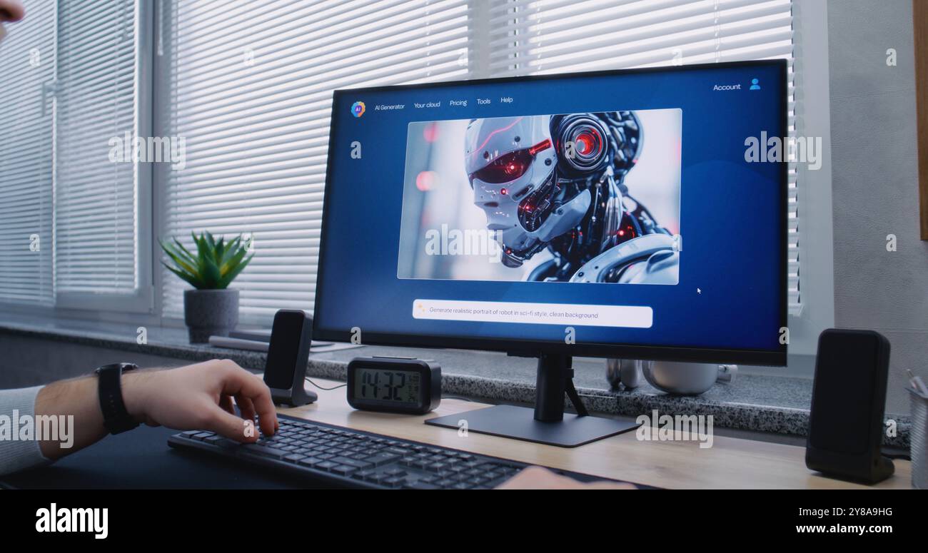 Adult man types prompt in artificial intelligence chatbot on PC ...