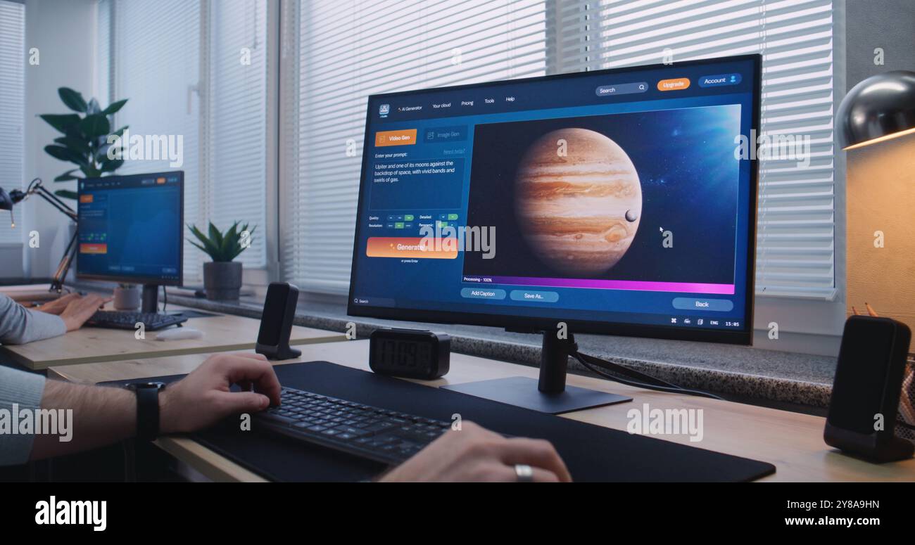 Man types prompt in AI video generator on computer. Artificial ...